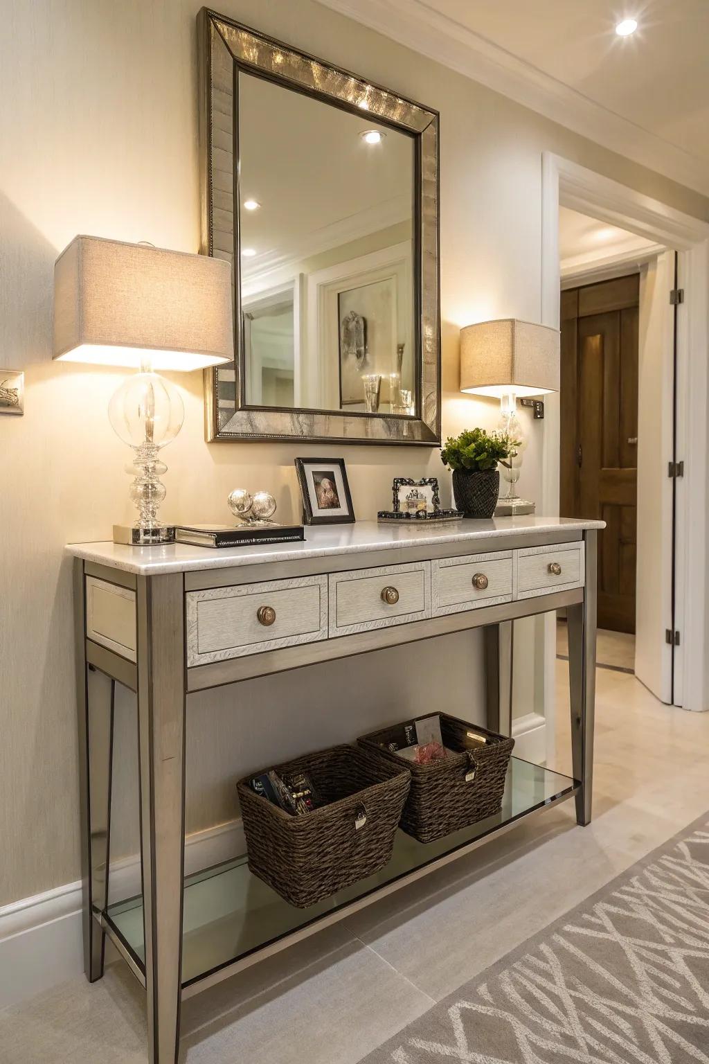 A chic surface table seamlessly combines storage and style.