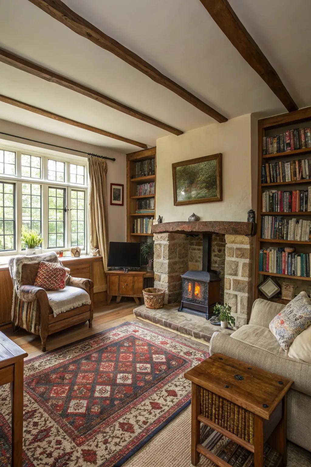 An open layout enhances the spacious sensation of this compact cottage living space.