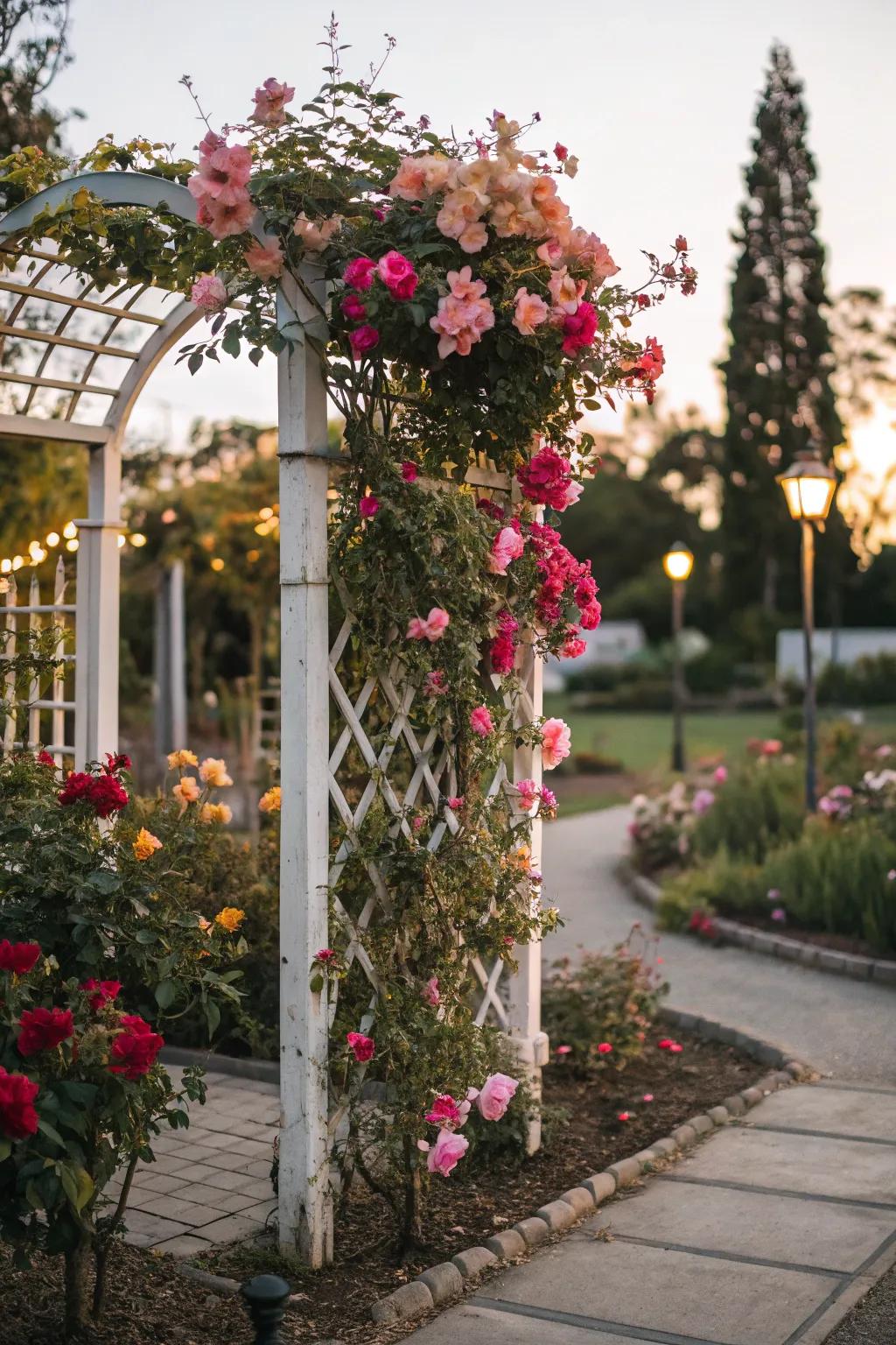 A compact flower bed enhanced by a trellis adorned with climbing blooms.