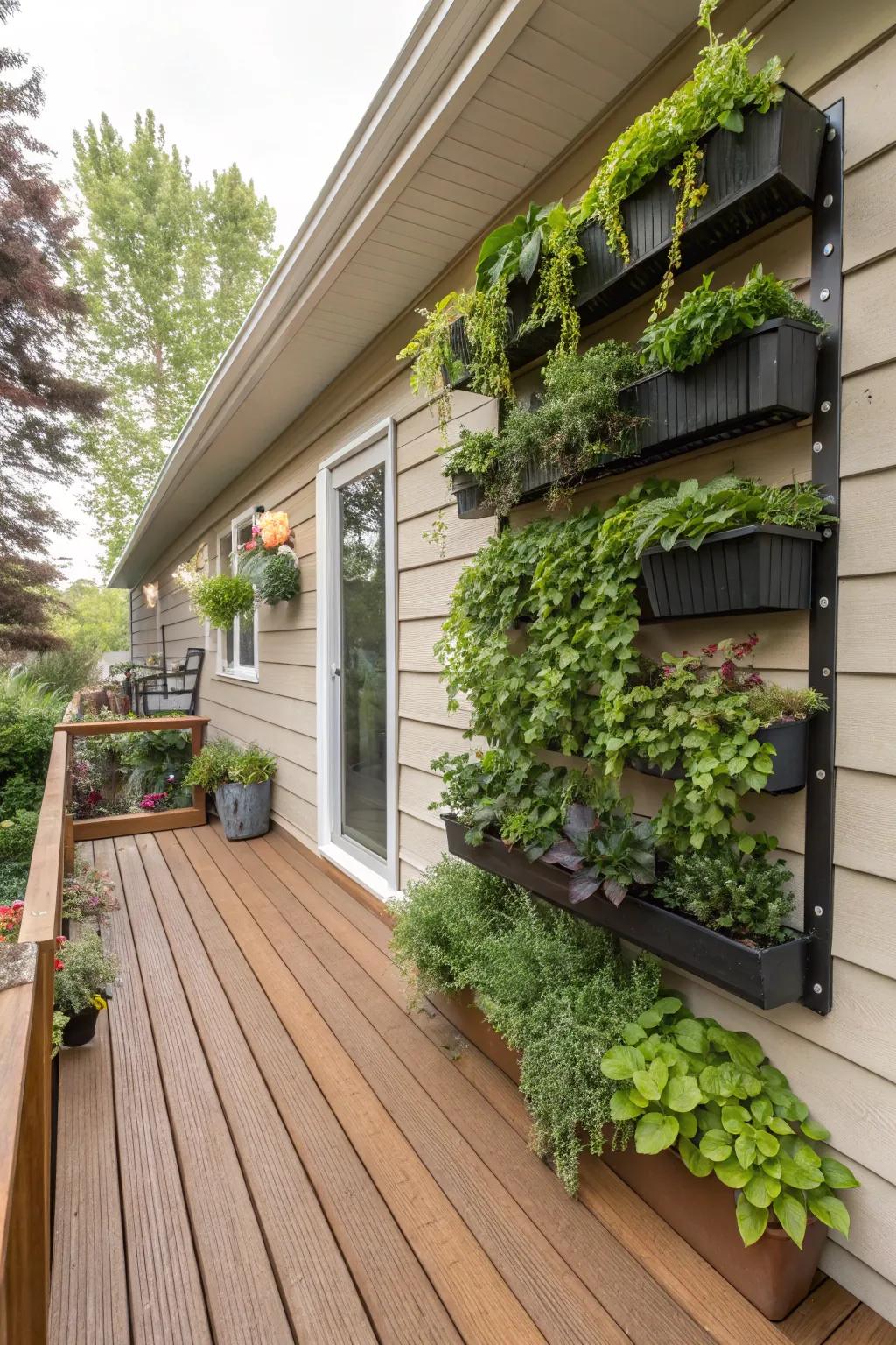 Wall-affixed planters optimize vertical dimension.