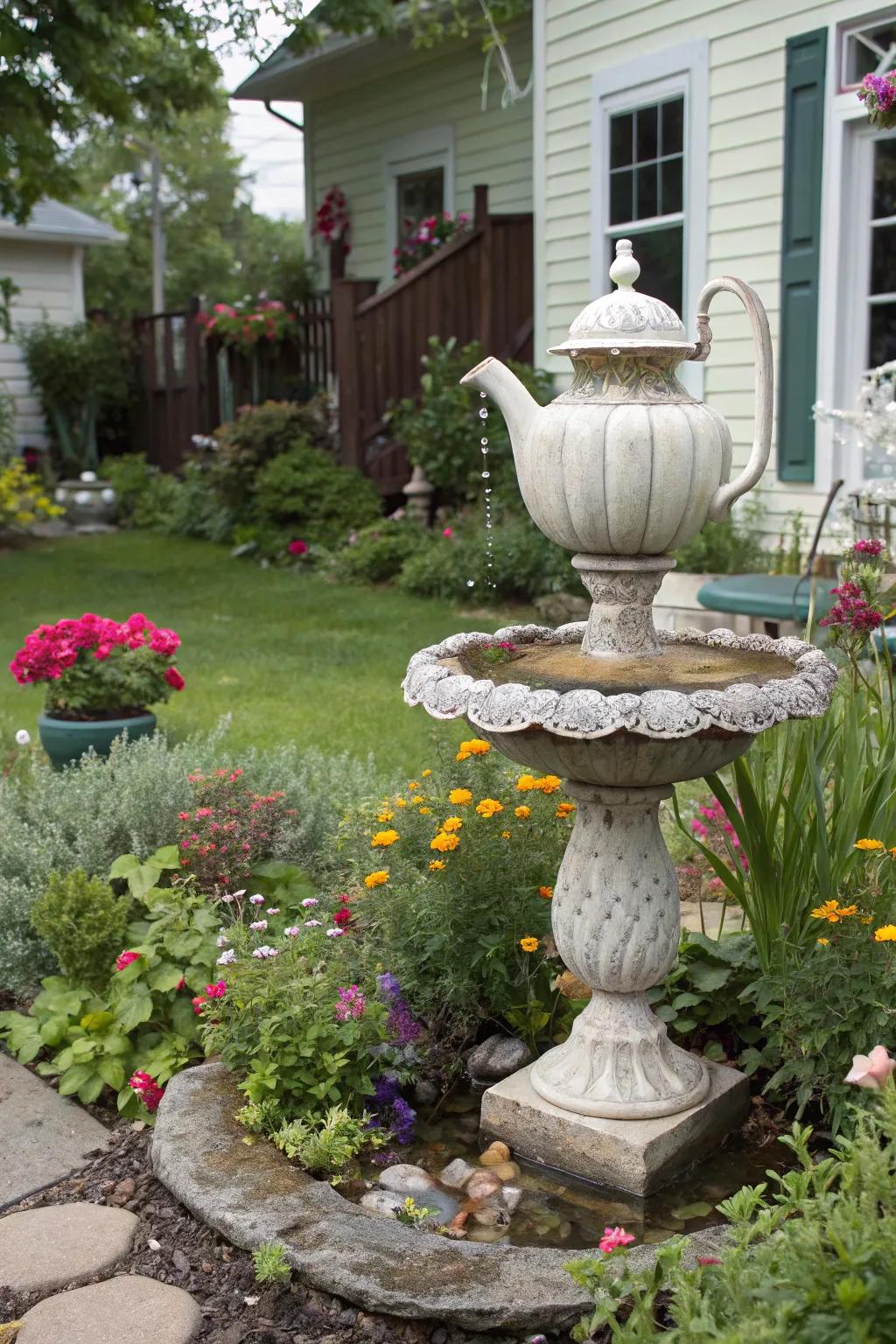 A vintage teapot fountain adds whimsical charm.