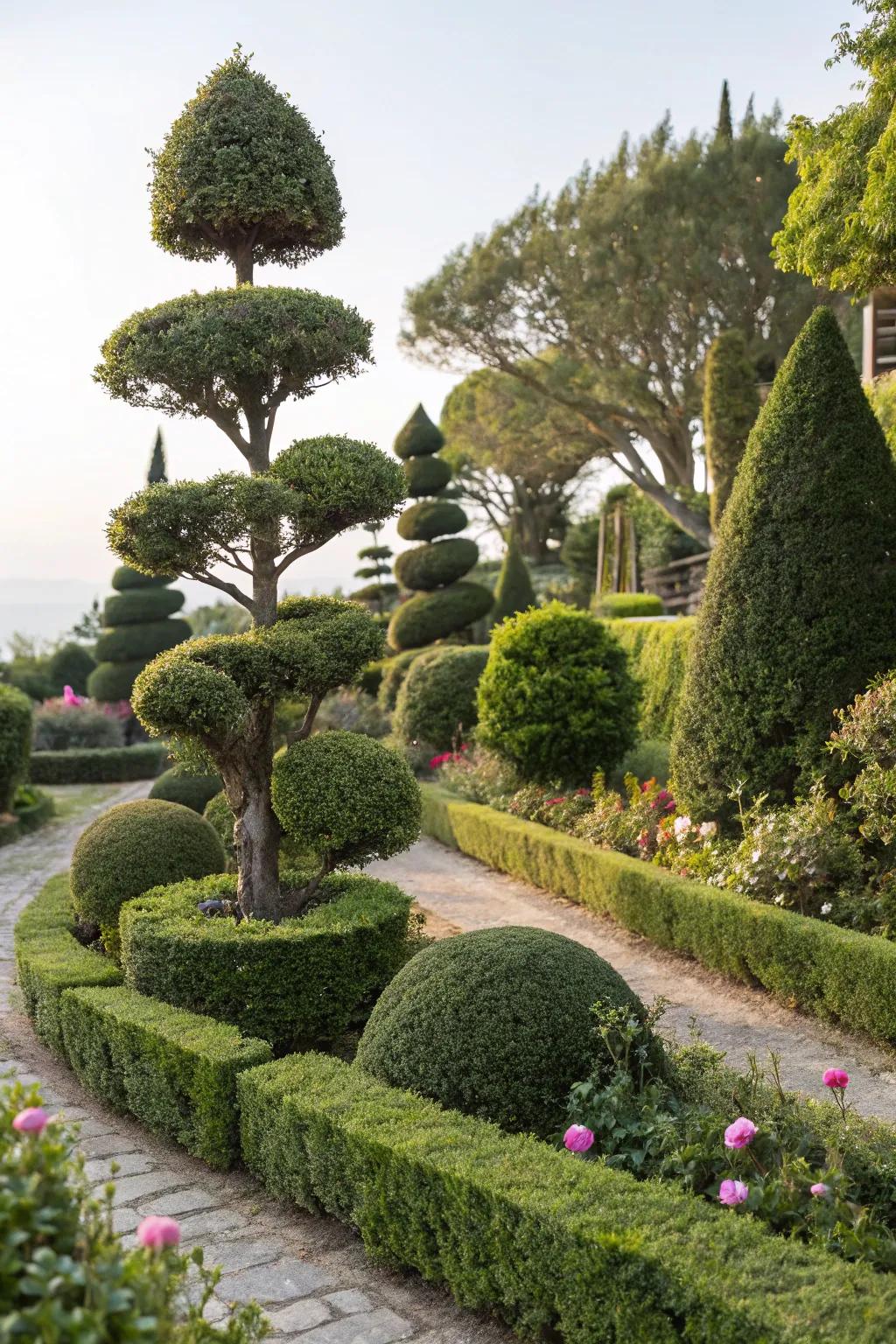 Miniature topiary hedges providing an artistic hint.