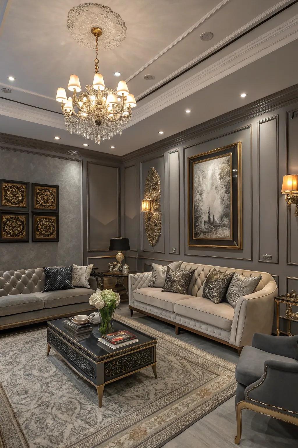 A small living room showcasing grey walls for an elegant touch.