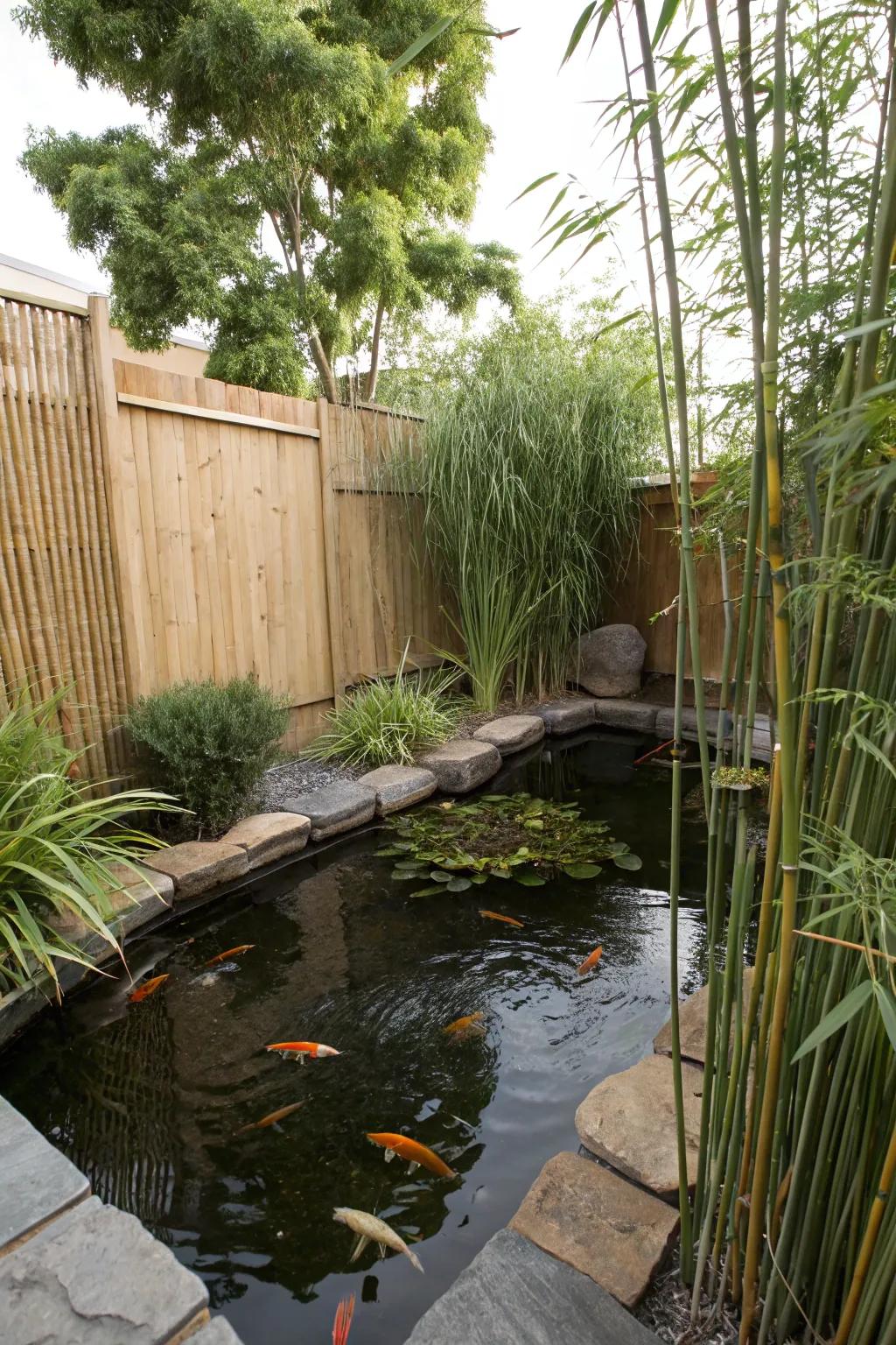 A secluded fish haven with privacy-enhancing plantings.