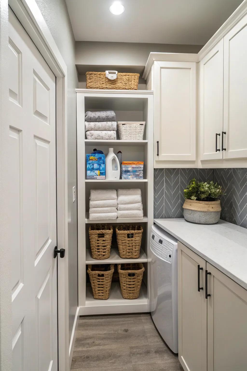 Innovative storage alternatives maintain order in your laundry room.
