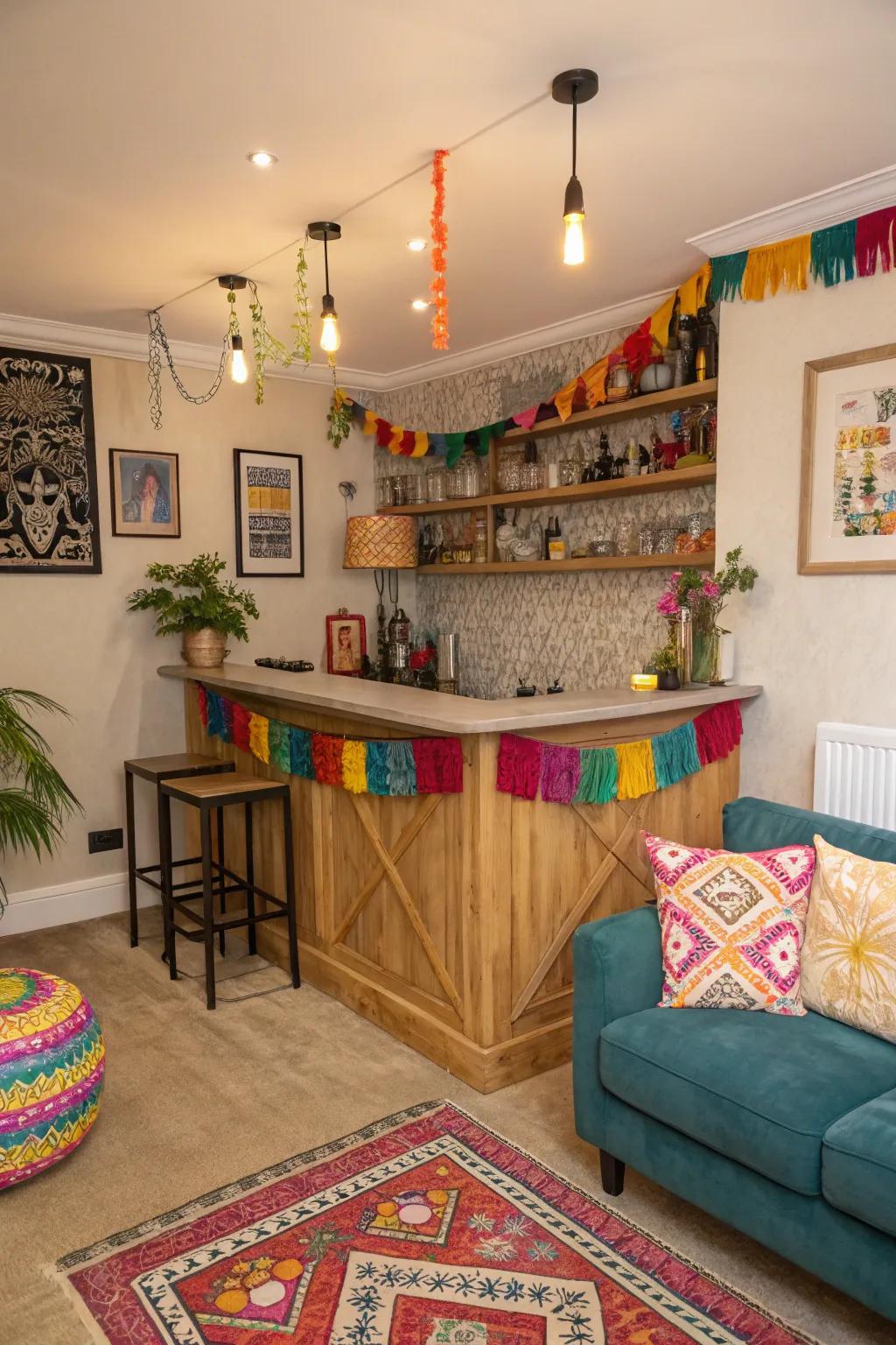 Colorful accents bring vibrancy to the bar area.