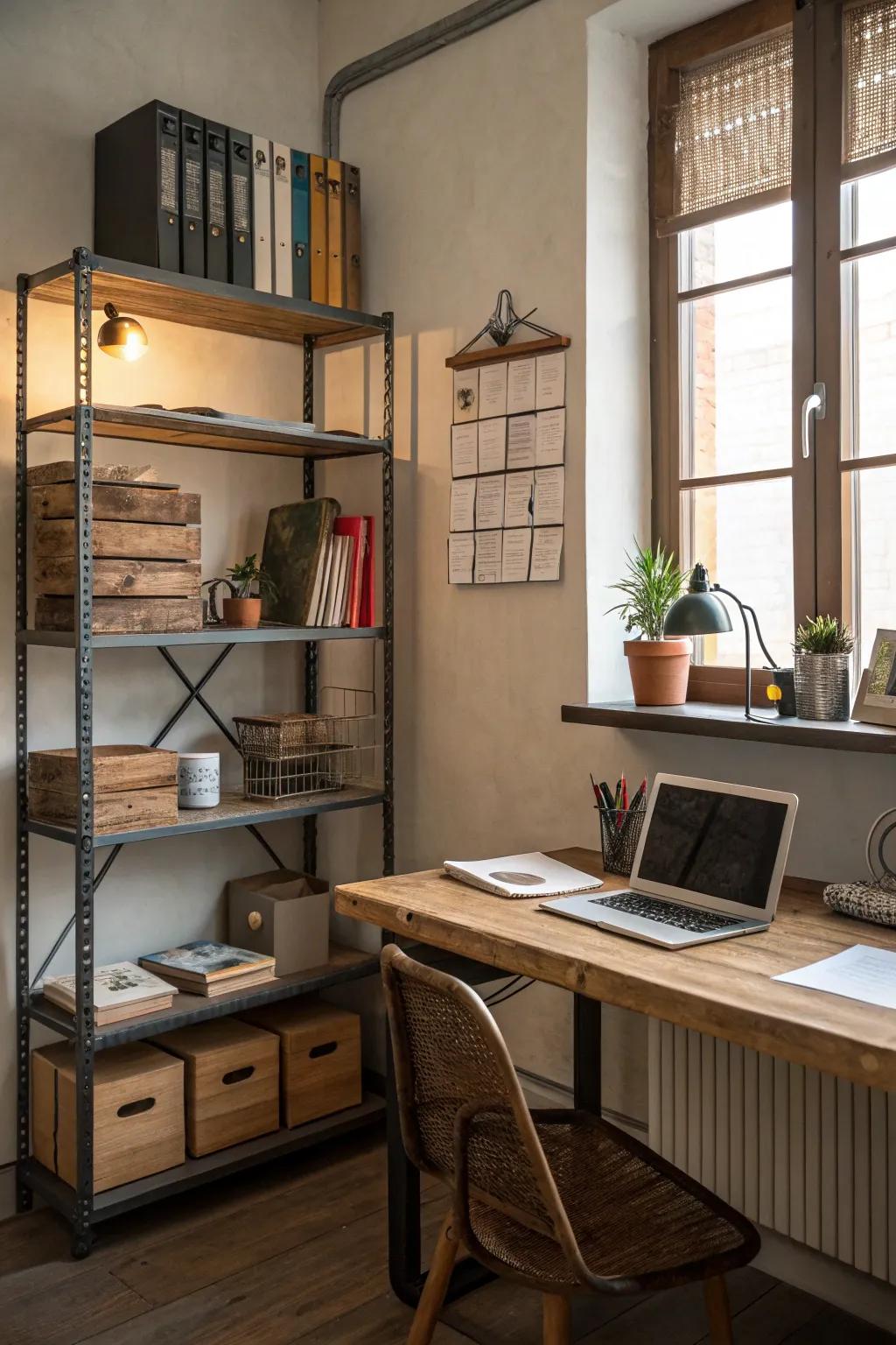 Mixed textures provide depth and personality to a small office.