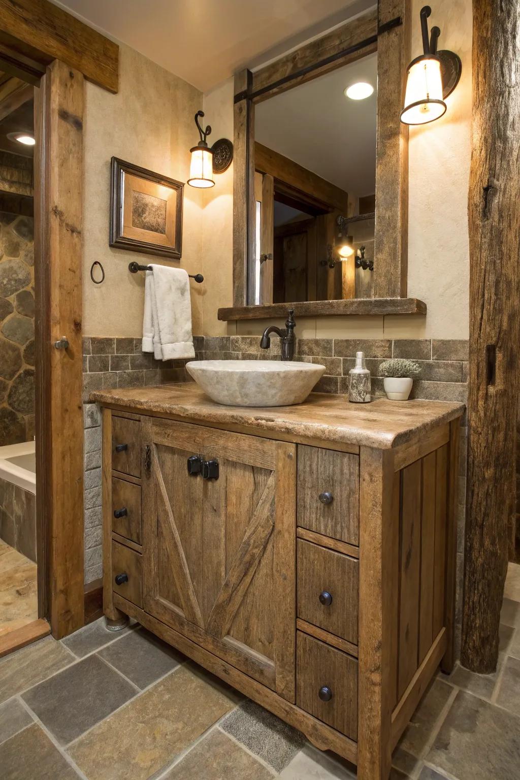 Reclaimed aged wood brings personality to a bathroom.