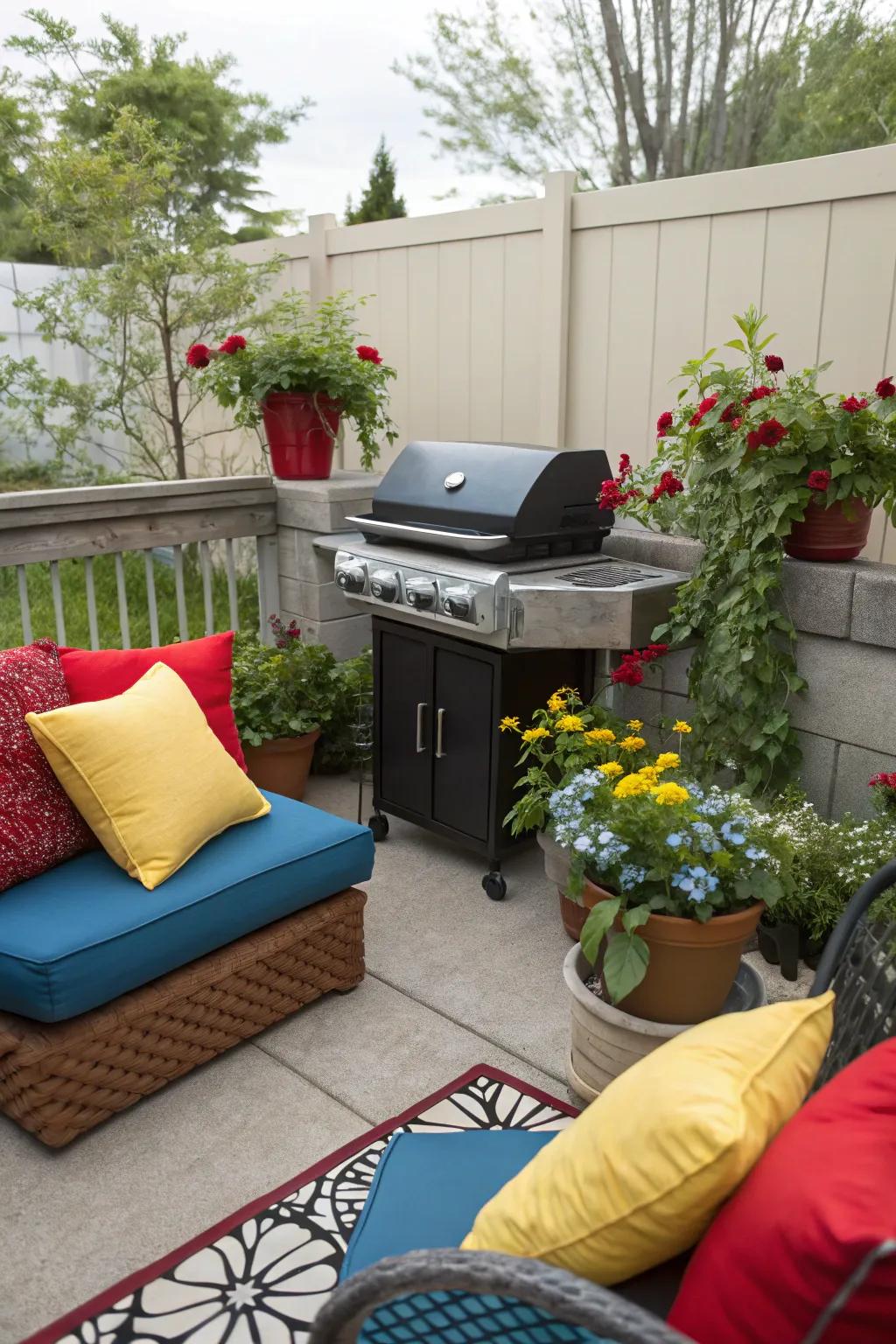 Colorful accents make patios more inviting.