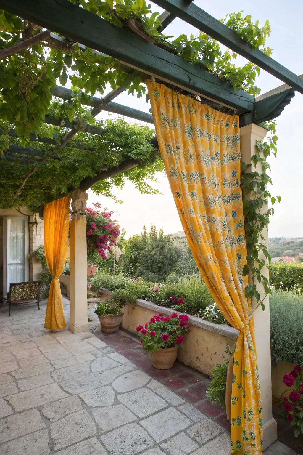 Brilliantly hued window coverings contribute a lively touch to a small pergola.