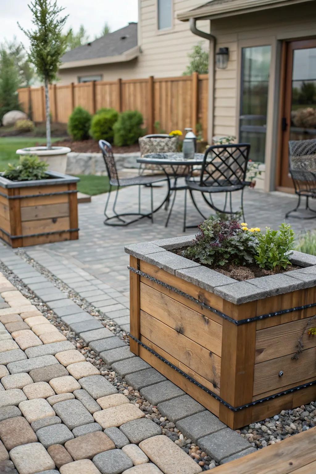 A chic patio showcasing a fusion of natural materials.