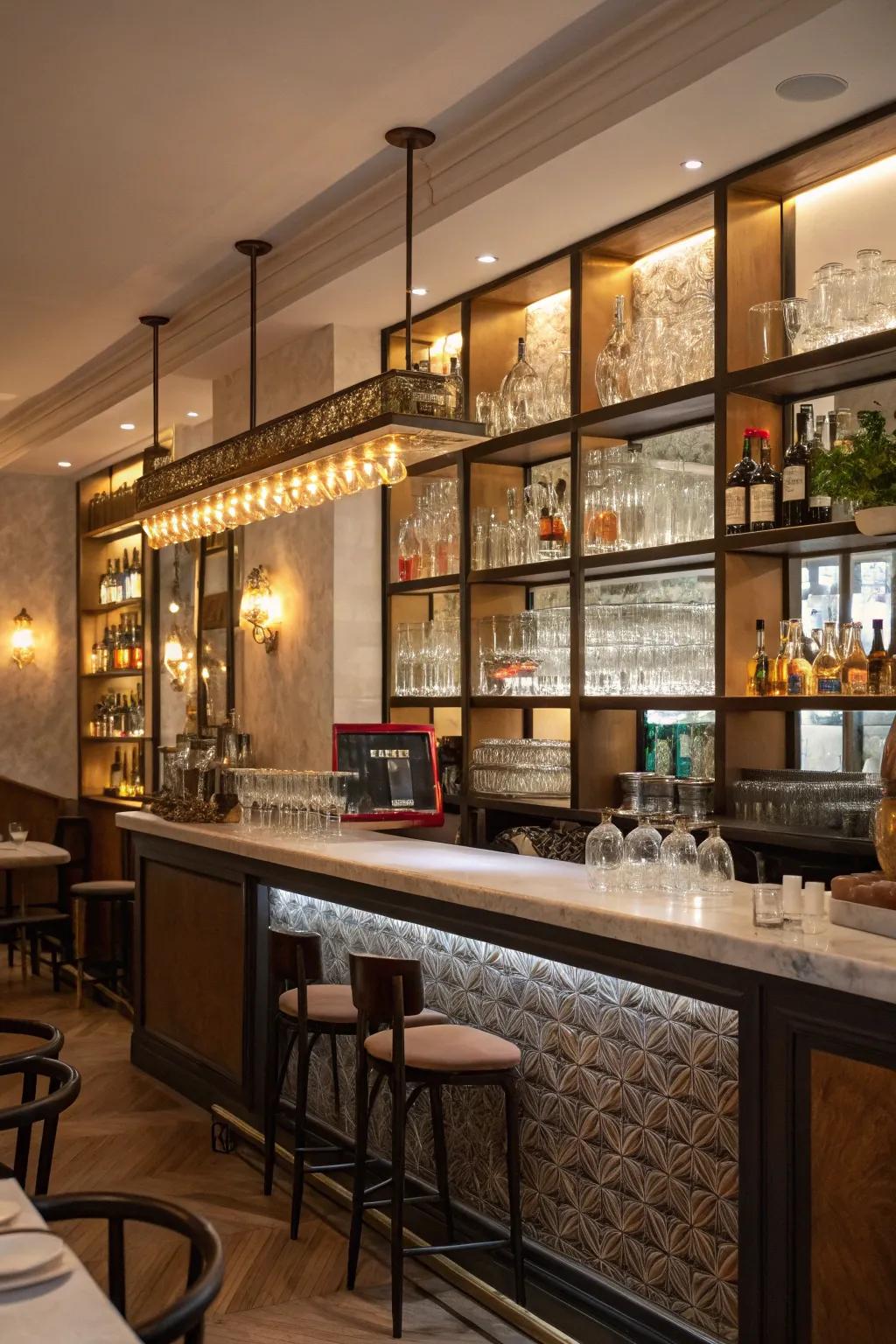 Glassware displayed creatively introduces visual interest to a compact restaurant bar.