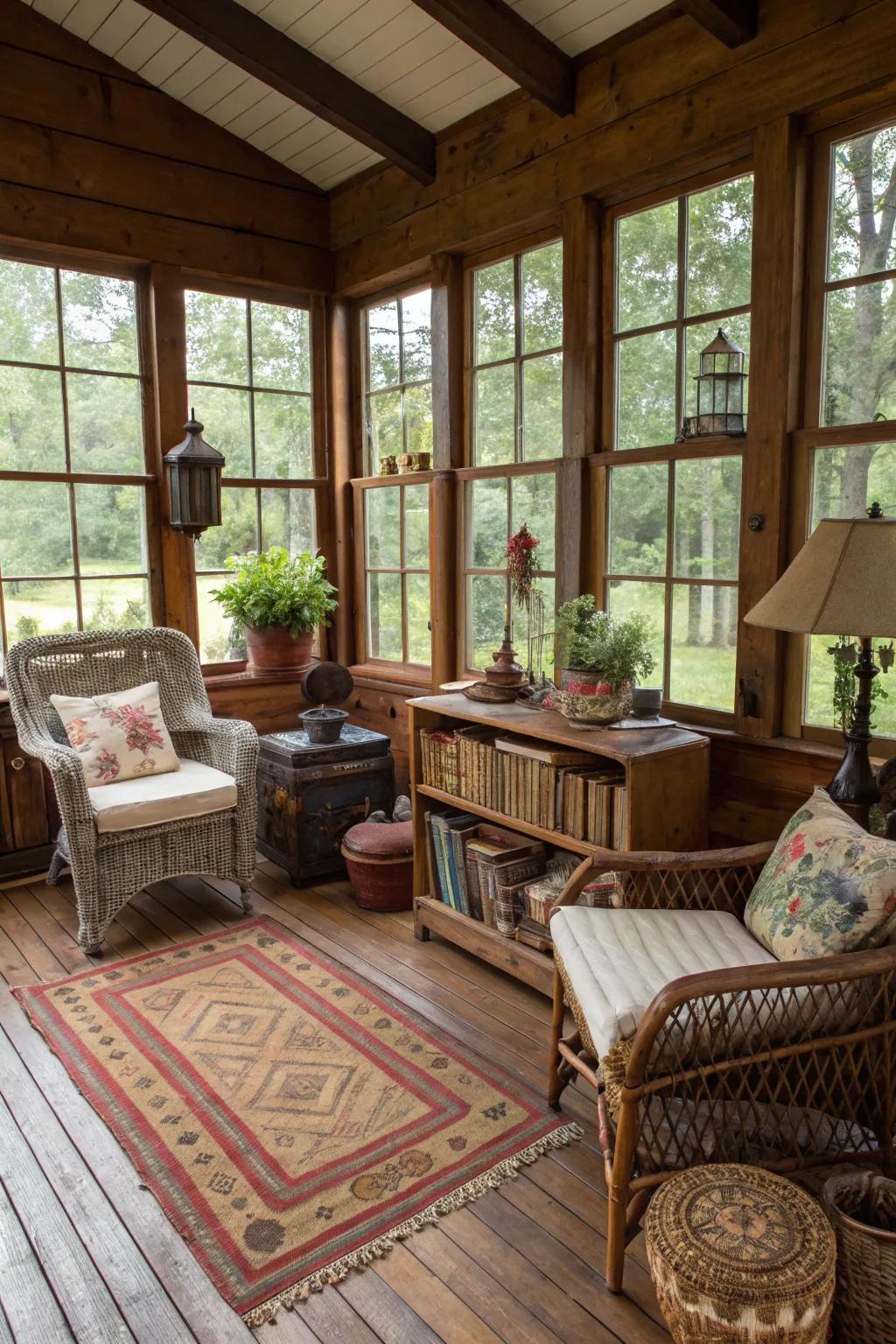 Vintage decor items add unique character to this country-style sunroom.