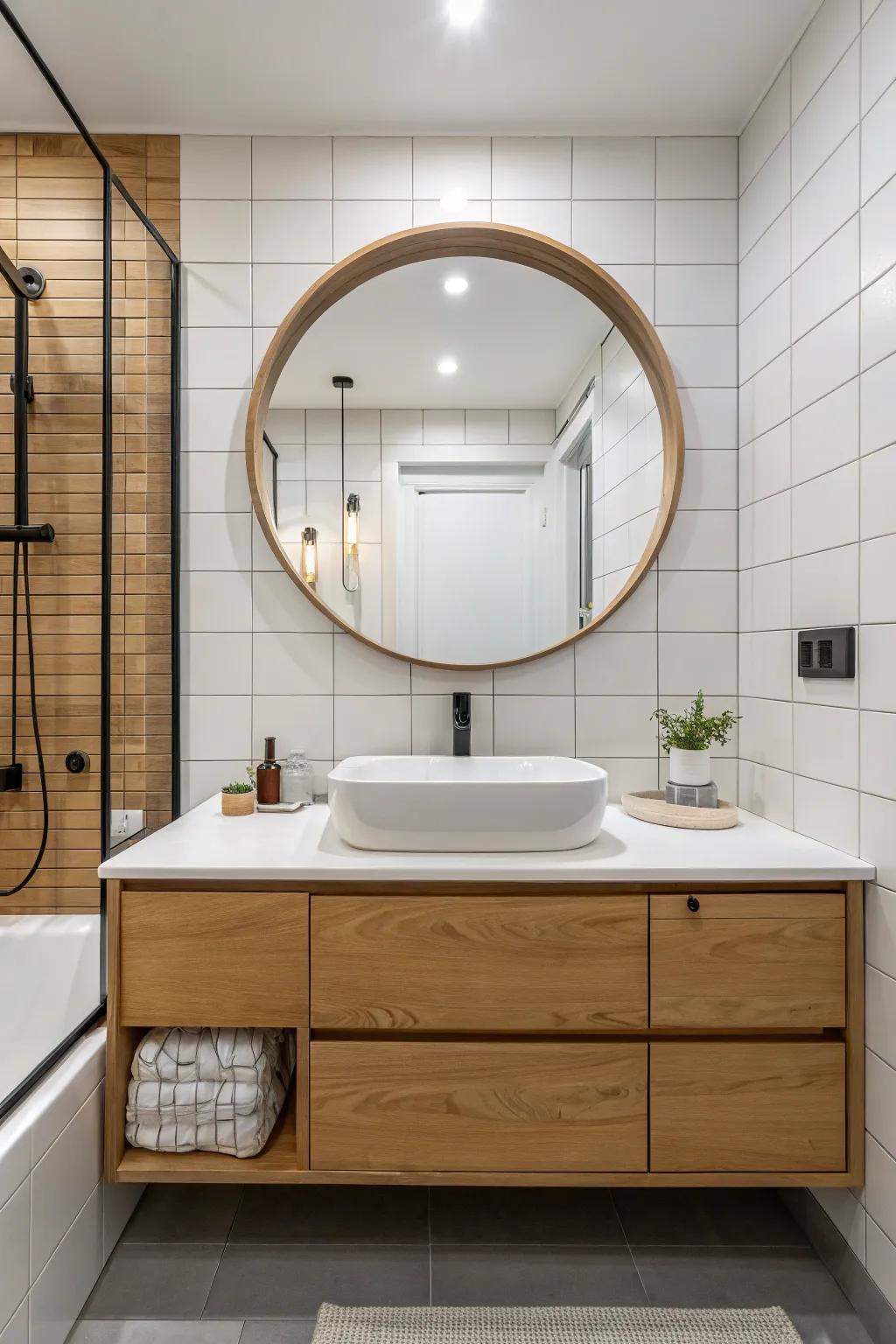 A framed mirror adds elegance and enhances the sense of space.