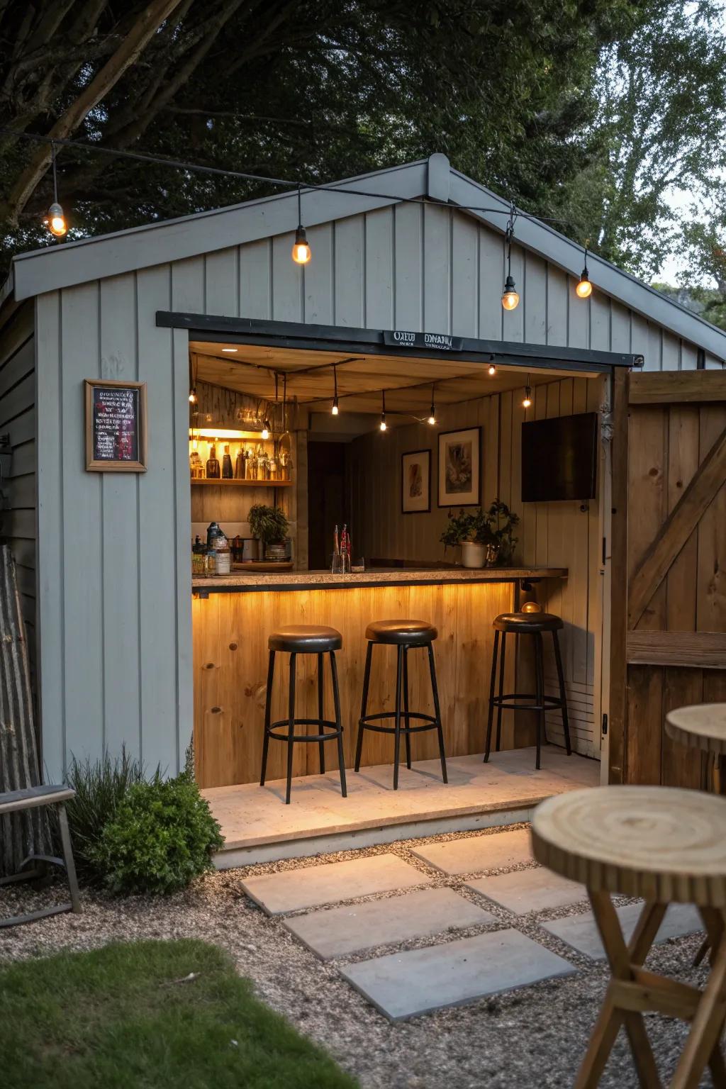 A stylish outdoor bar lounge inside a small shed.
