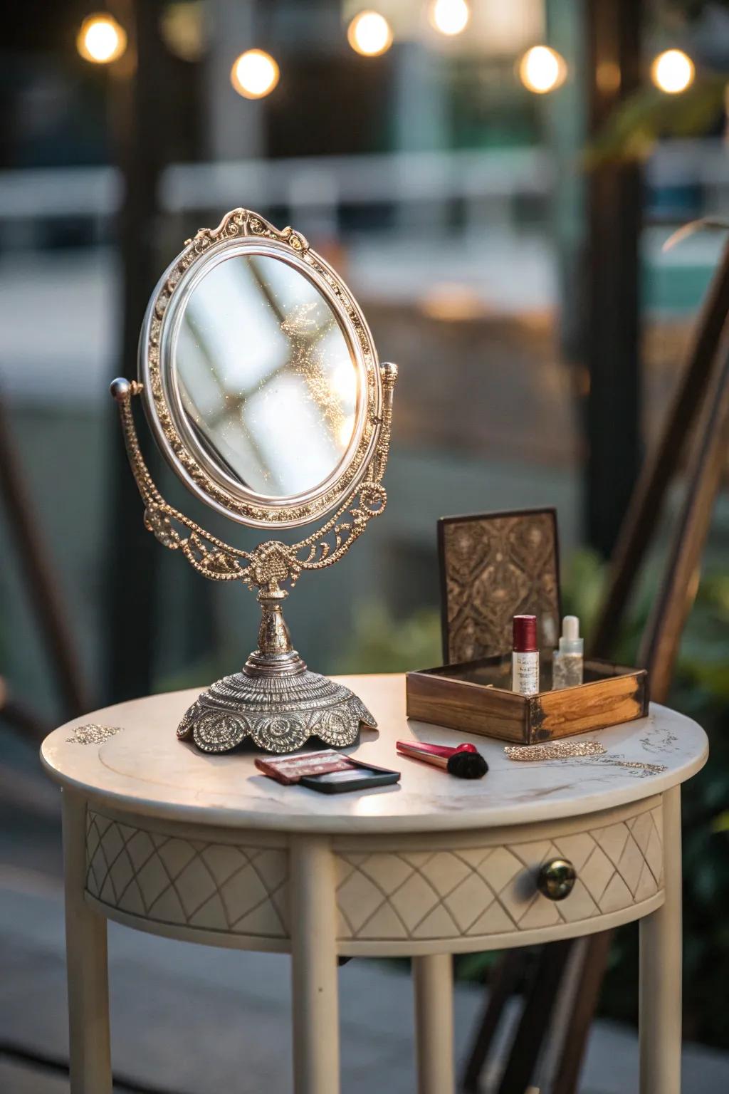A mirror enhances light and space near a side table.