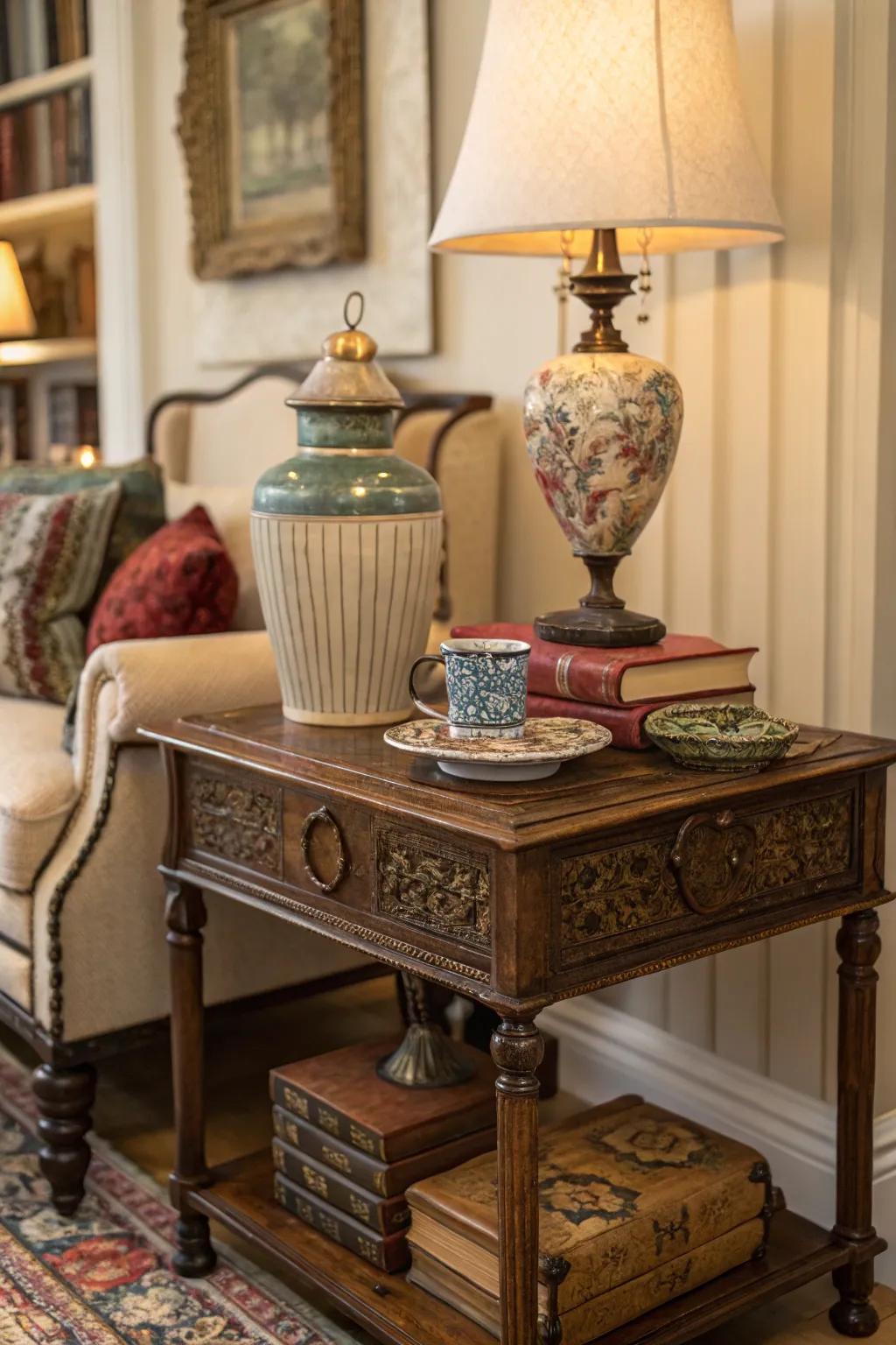 Vintage tables contribute a sense of the past and unique charm.