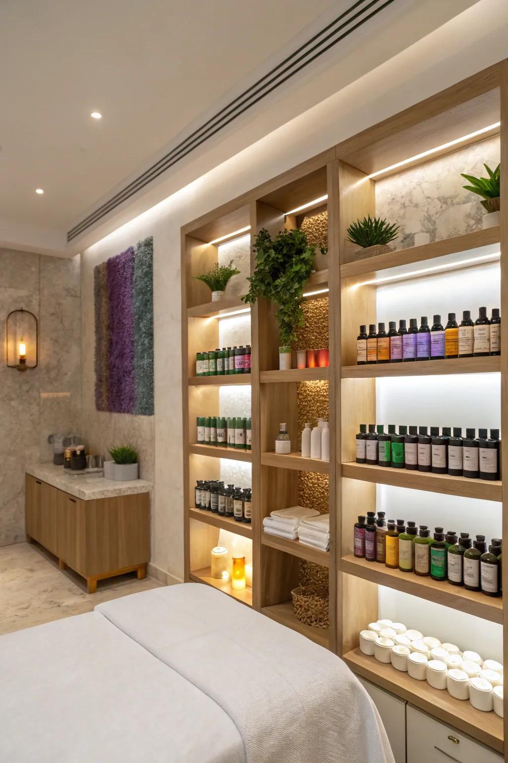 Vertical organization featuring shelves in a spa room