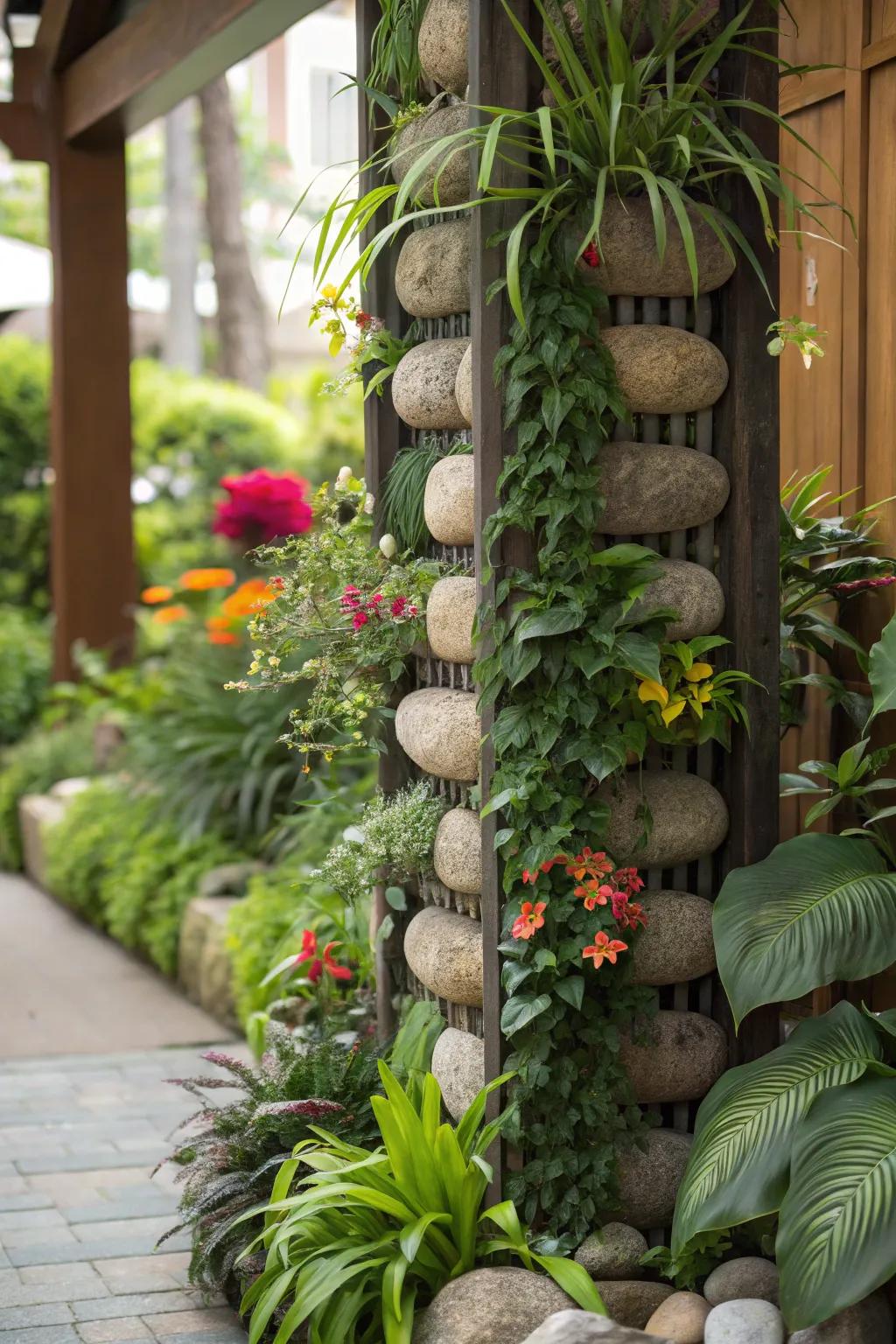 An innovative vertical garden supported by ornamental rocks.
