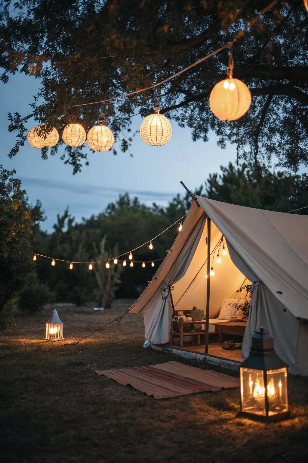 Chic tent featuring suspended lights.