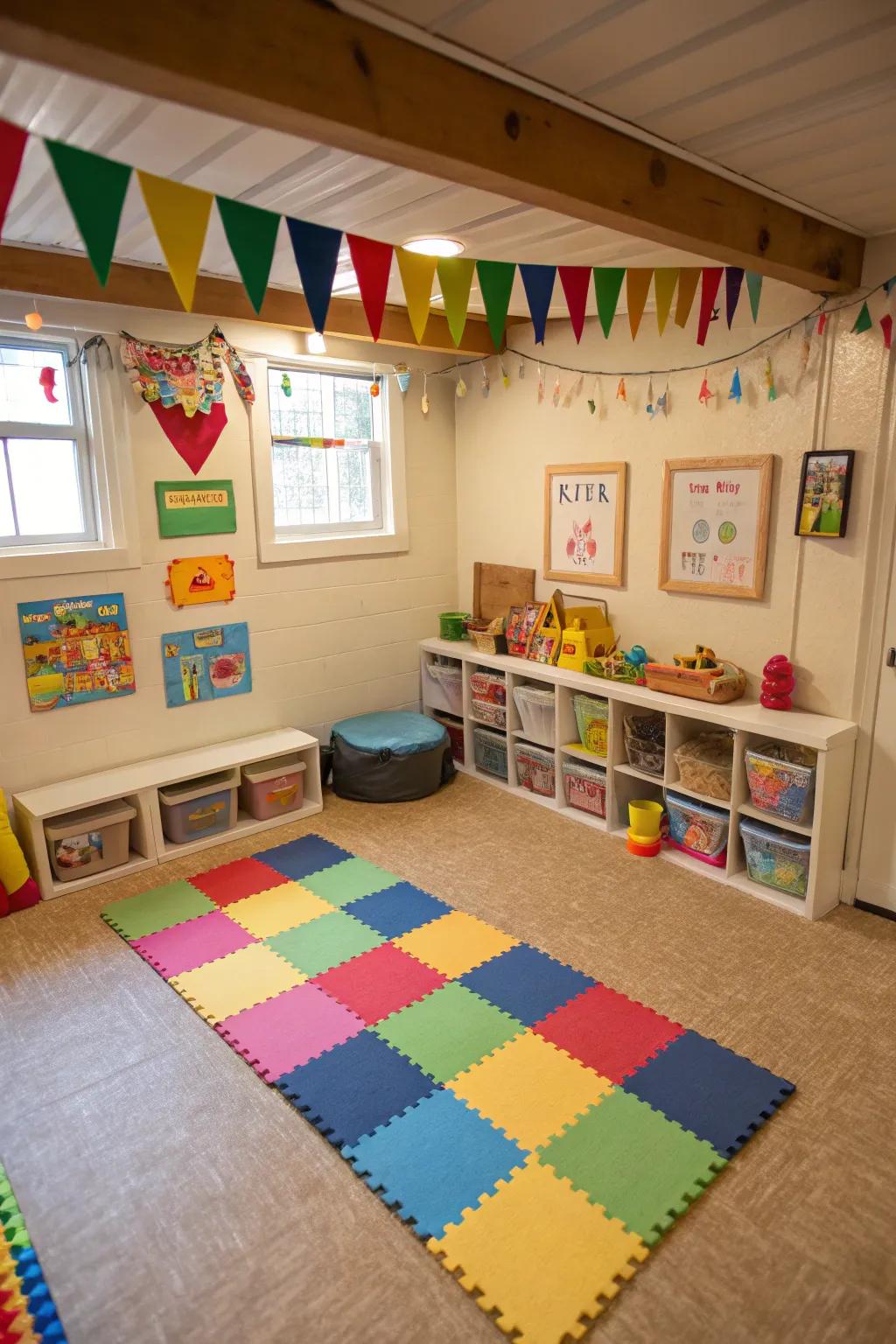 A vibrant play space in the basement can be a child's paradise.