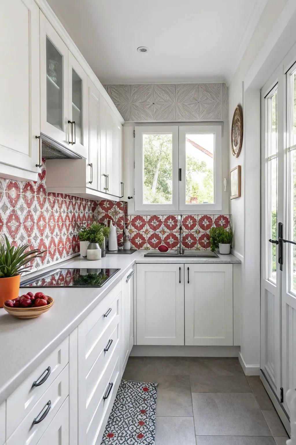 A striking focal point captures attention in a small kitchen.