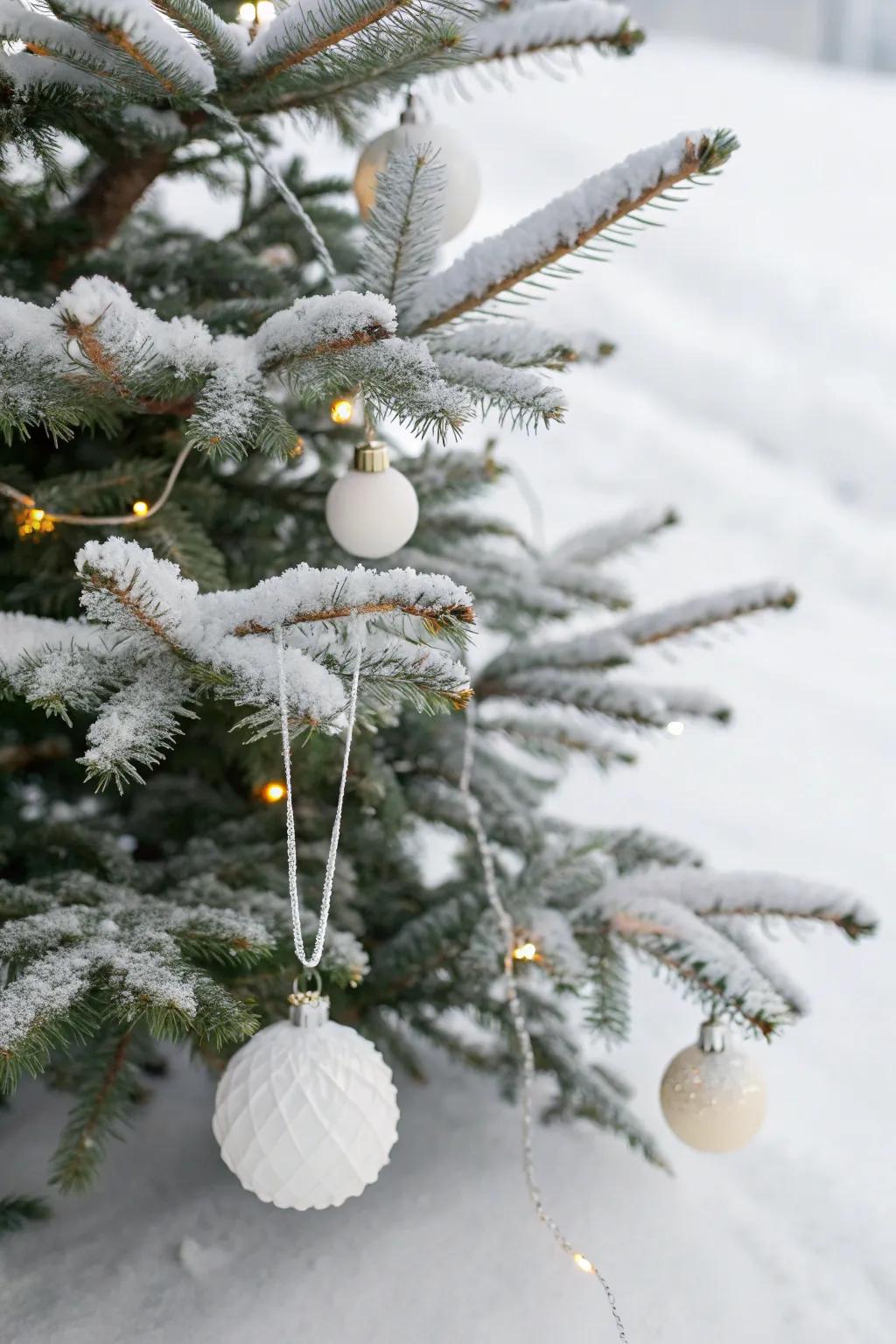 Scandinavian simple decorations for a chic and elegant snowy Christmas tree.