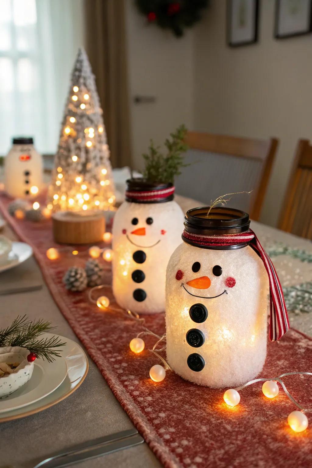 Snowman mason jars illuminate any holiday setting.