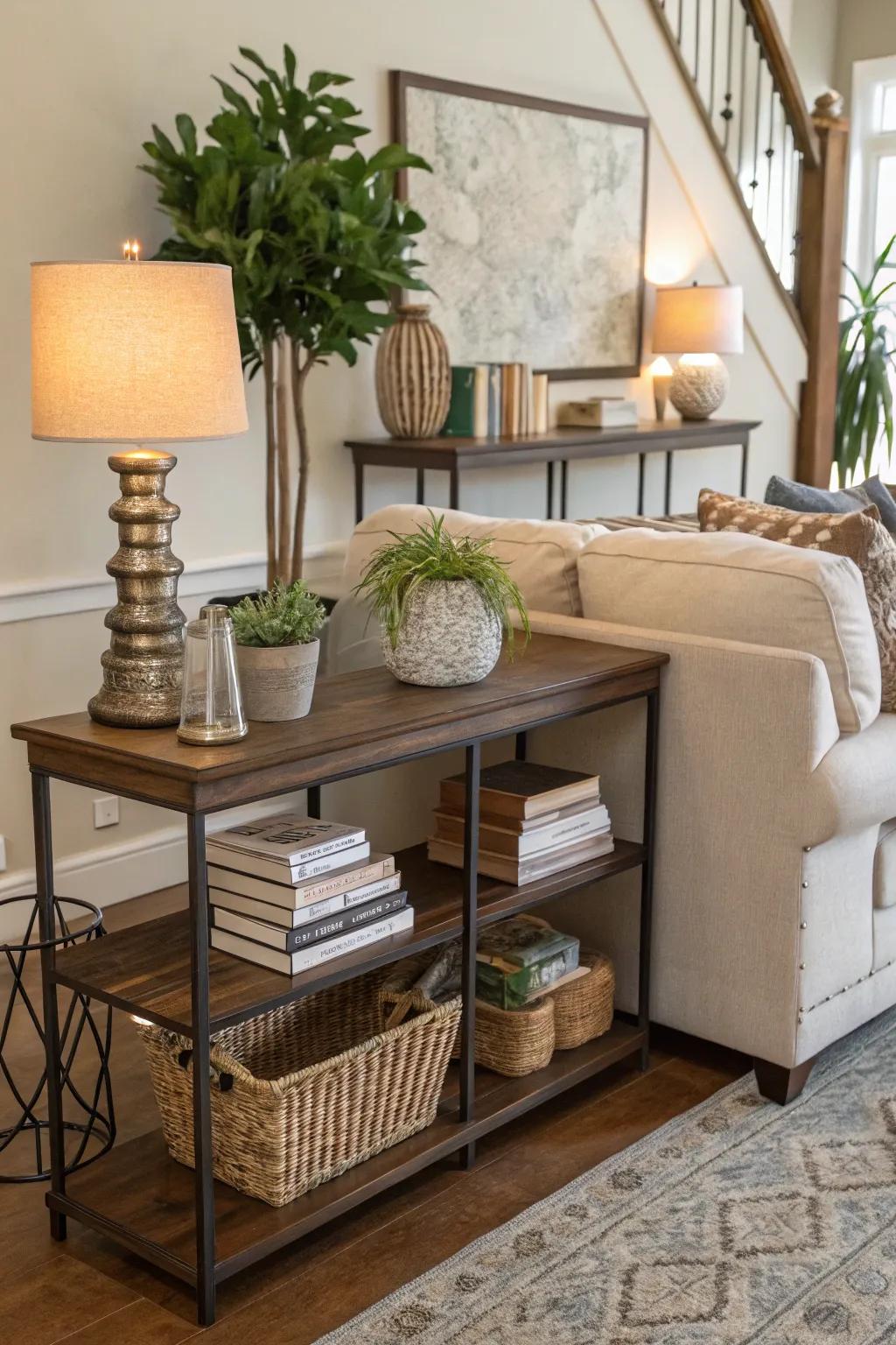 A surface table adds both function and flair behind a sofa.