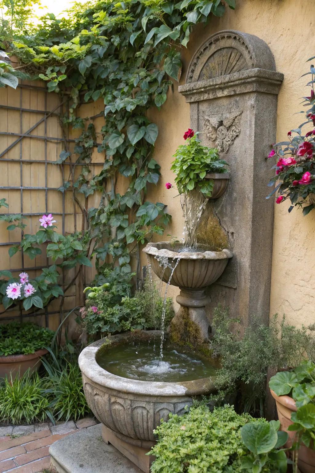 A wall-mounted solar fountain creating a striking vertical water feature.