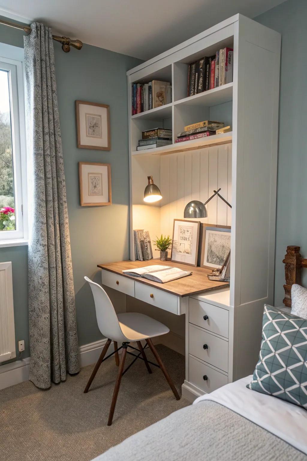 A concealed work area maintains an uncluttered bedroom setting.