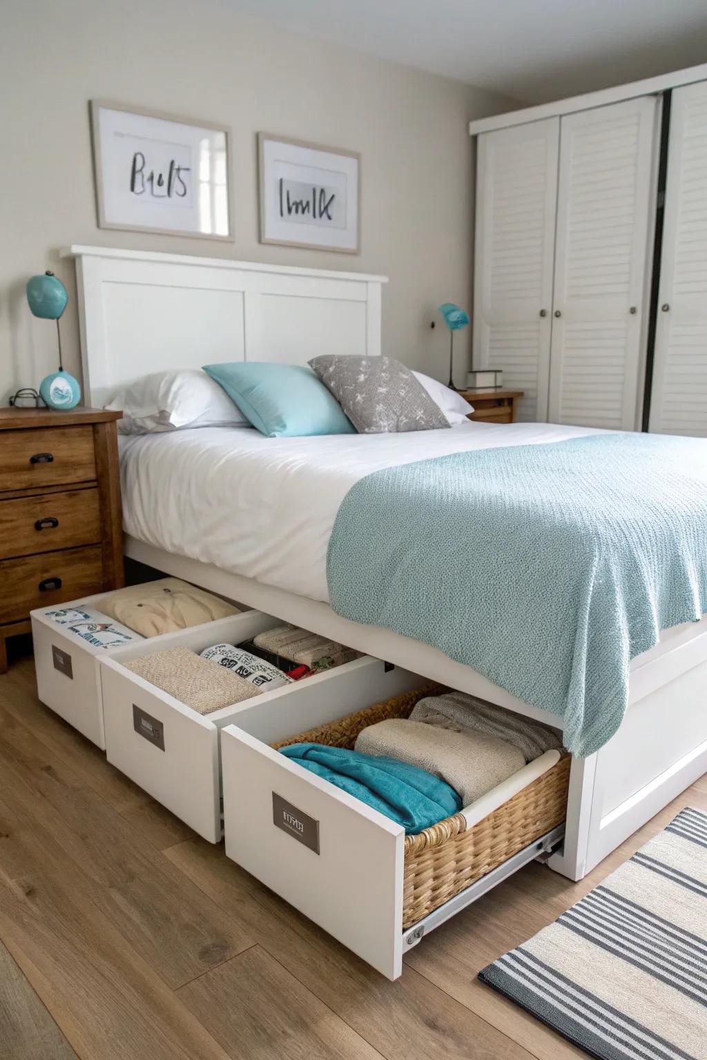 For structured storage, use the space beneath the bed.