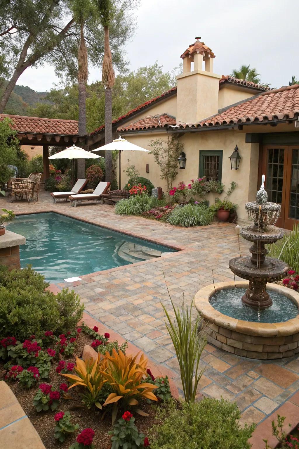 A water feature creates a soothing focal point in this Spanish-style backyard.