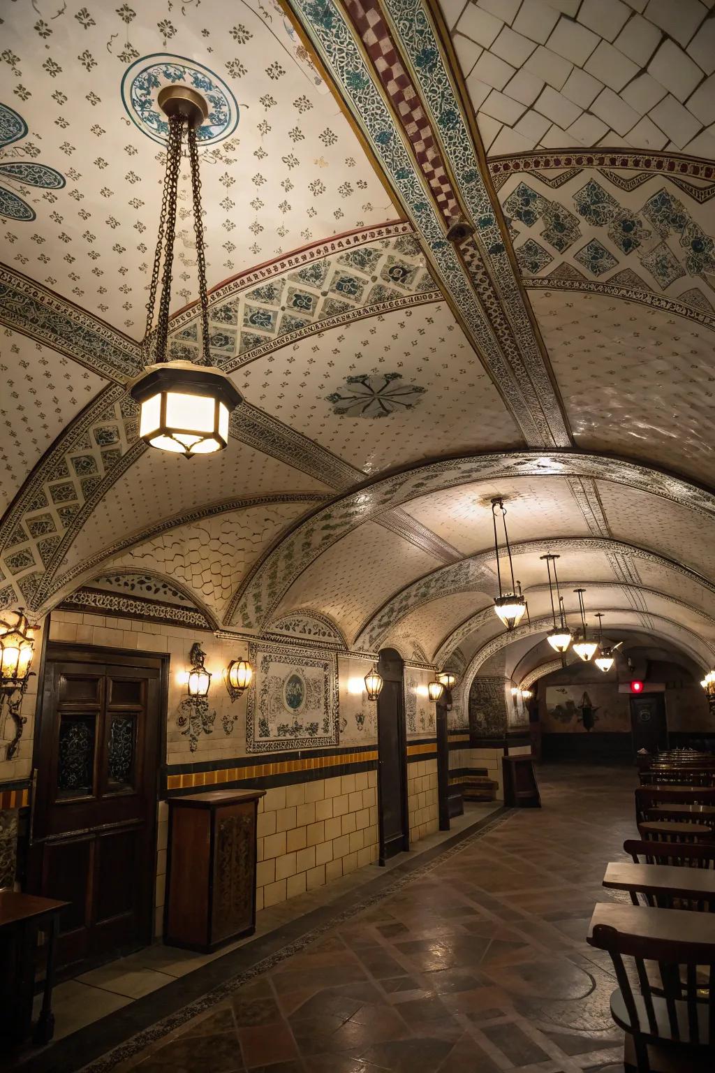 Detailed tiled ceilings bring vintage elegance to your speakeasy.