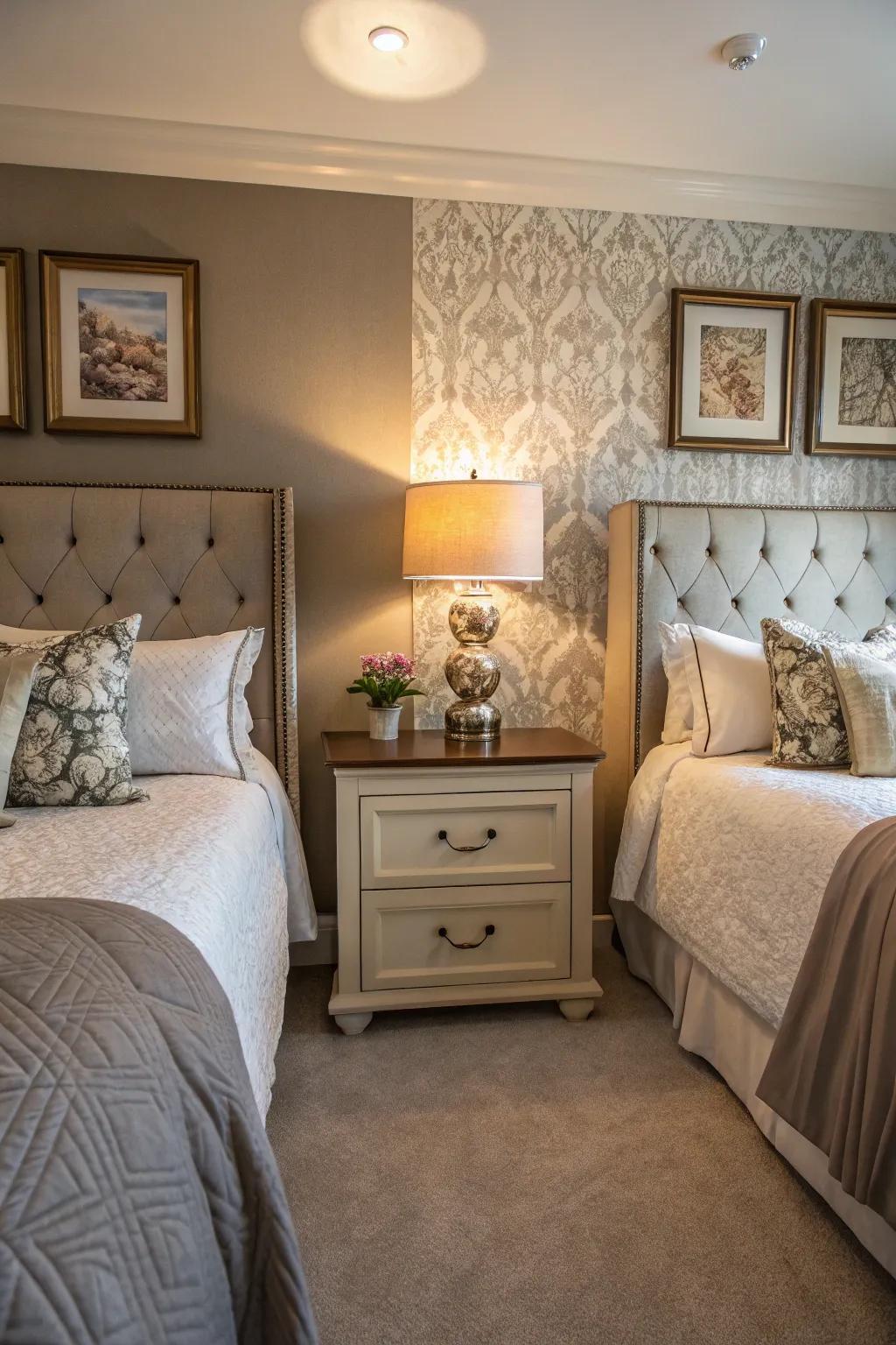 Shared nightstand acting as a functional divider between beds.