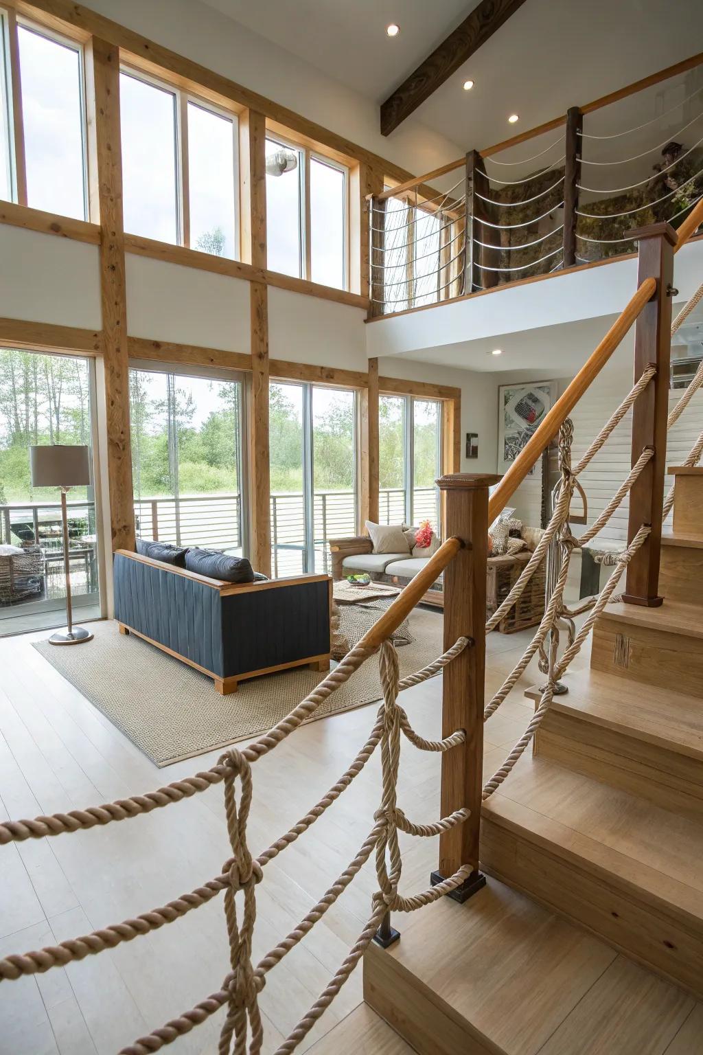 Unique rope railings add an organic touch to a split-level home.