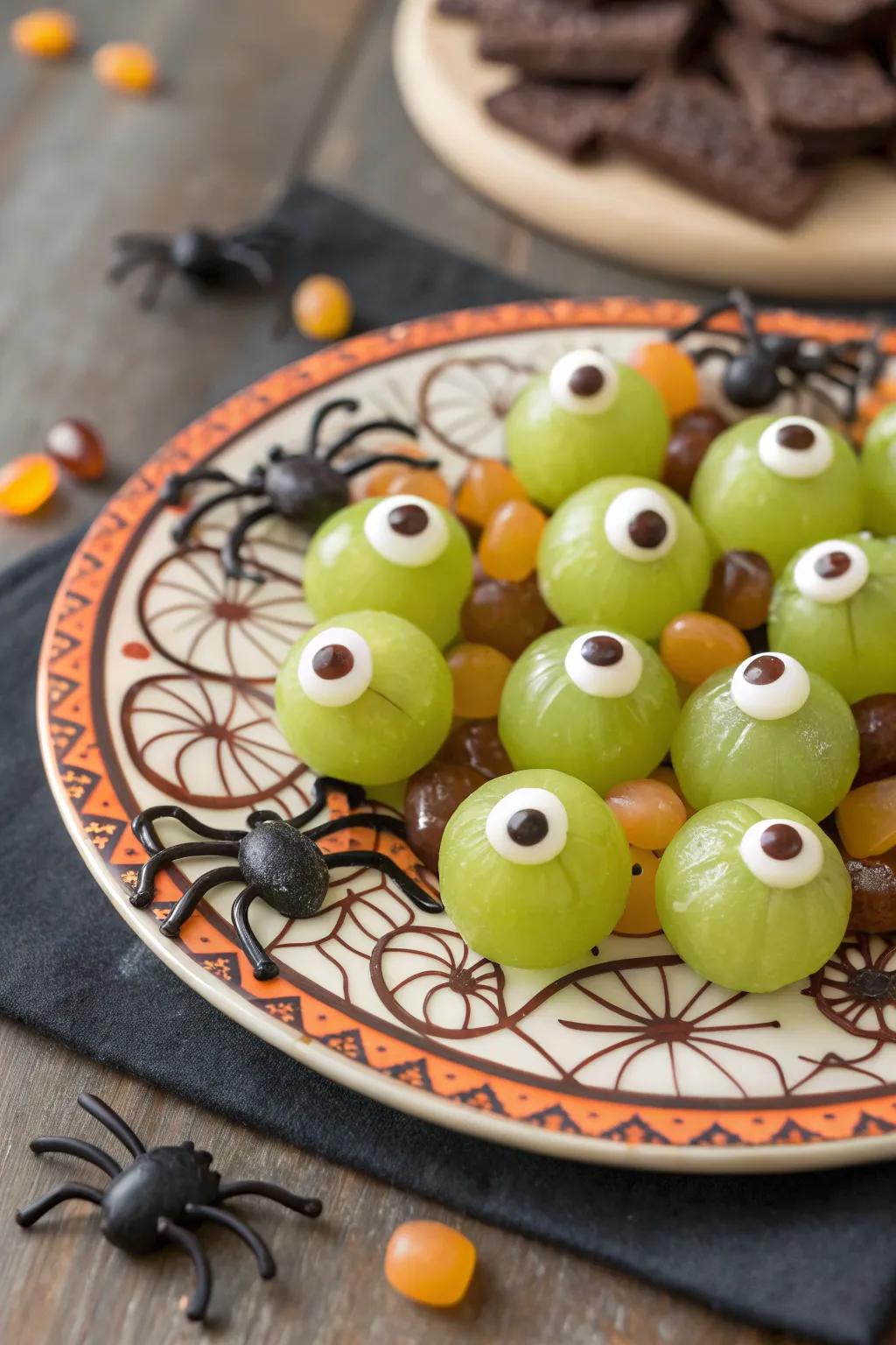 Eyeball grapes transforming an ordinary snack into a Halloween sensation.