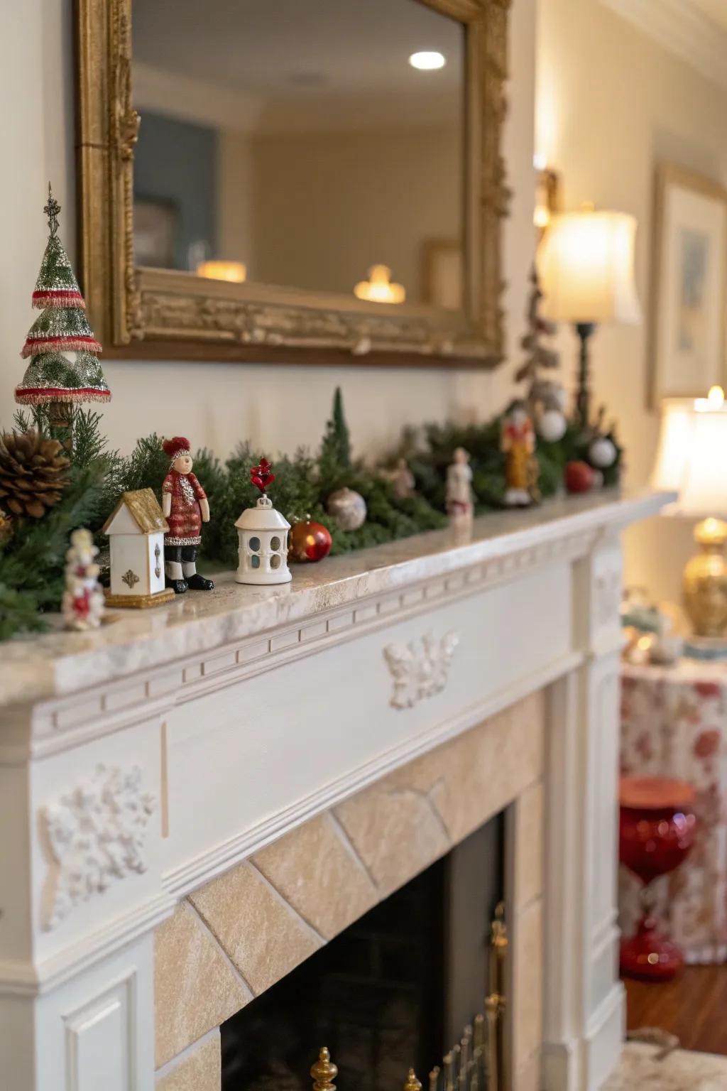 Decorative accents introduce unique flair to the mantel.