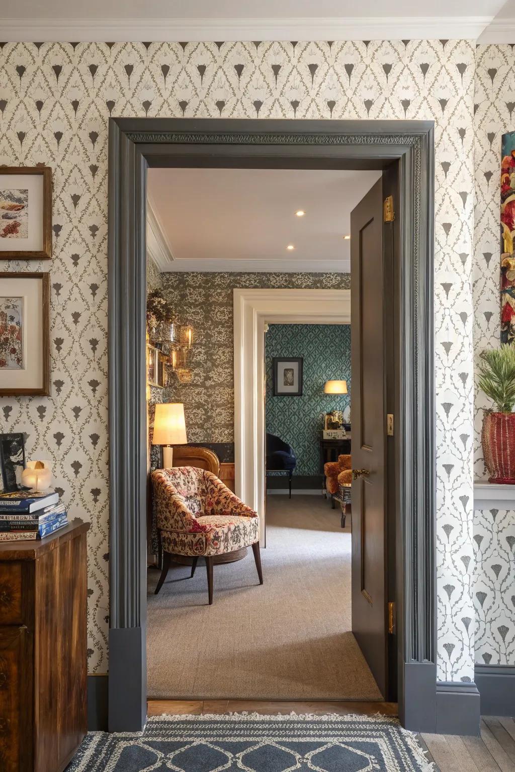 Decorative wallpaper trim introducing pattern and engagement.