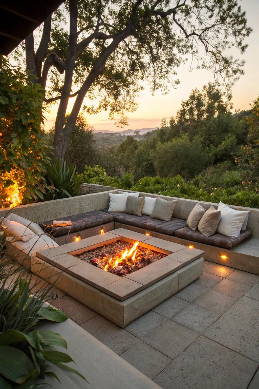 A recessed fire pit offers a secluded, cozy atmosphere.