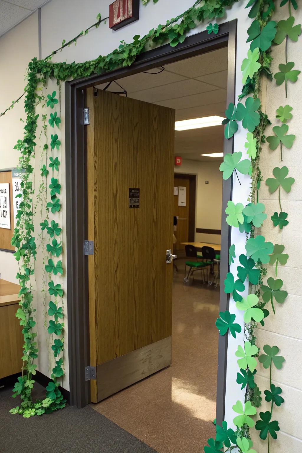 A shamrock drape framing a classroom door, adding texture and dimension.