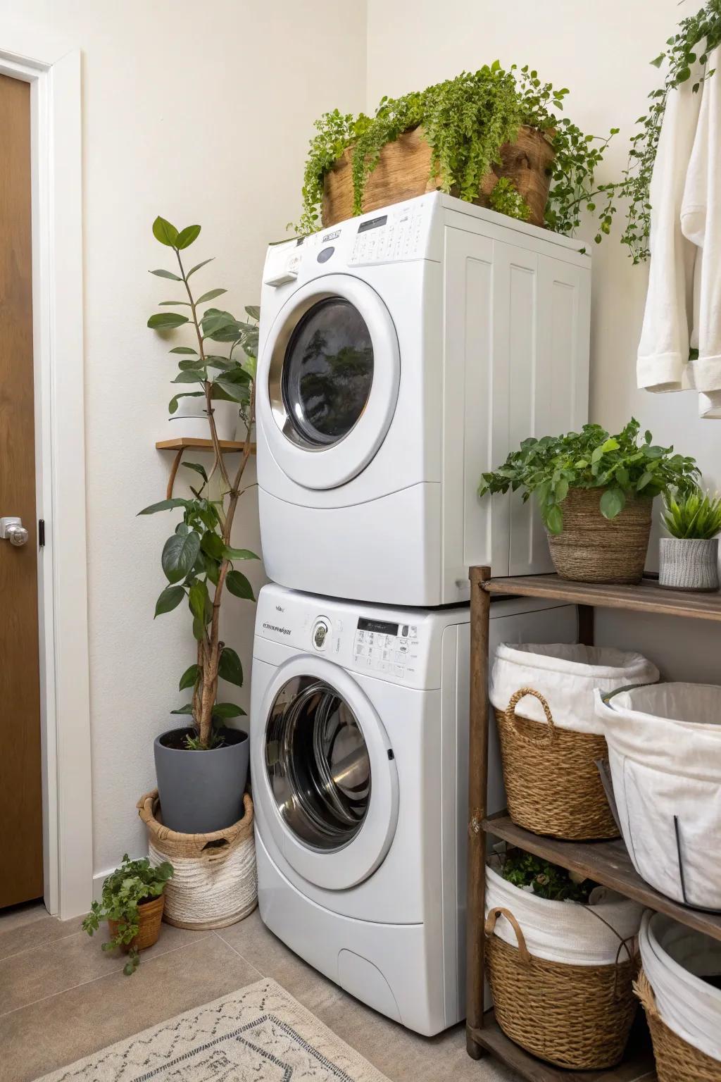 Greenery adds a fresh and lively touch to any laundry area.