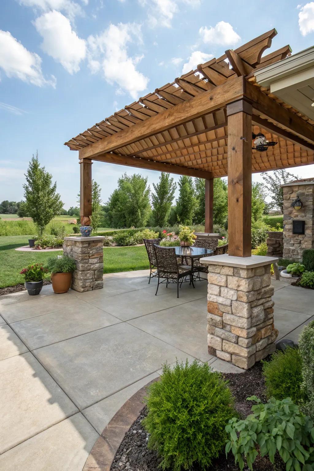 A harmonious blend of stained concrete with natural wood and stone.