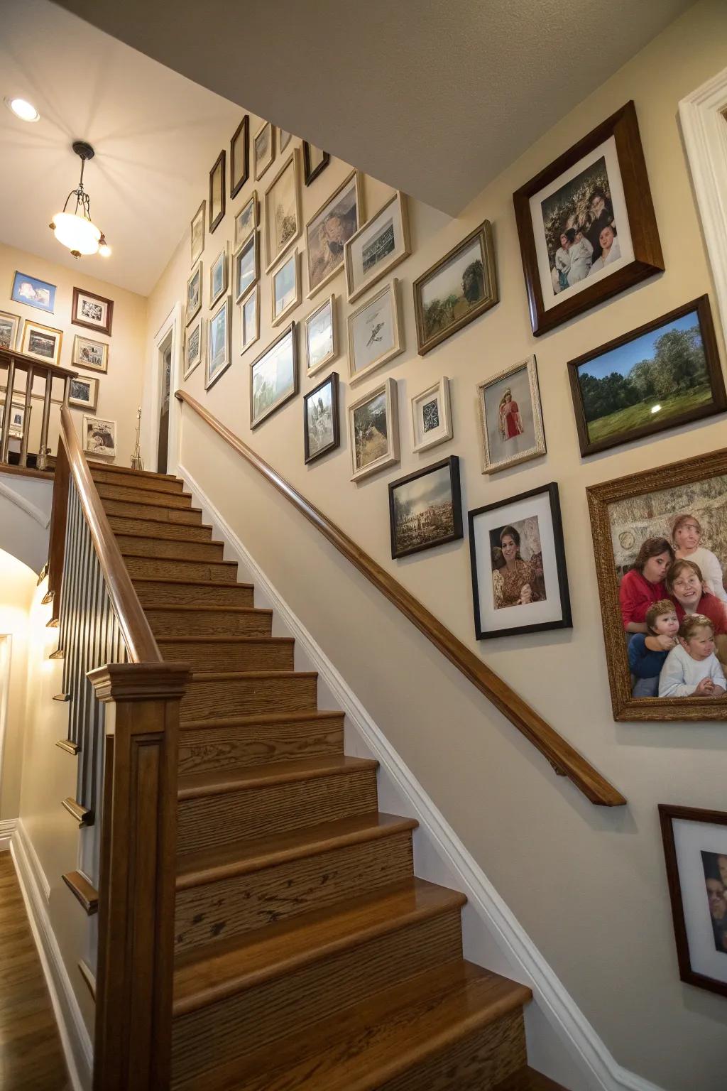 Personal photographs add an intimate touch to the gallery arrangement.