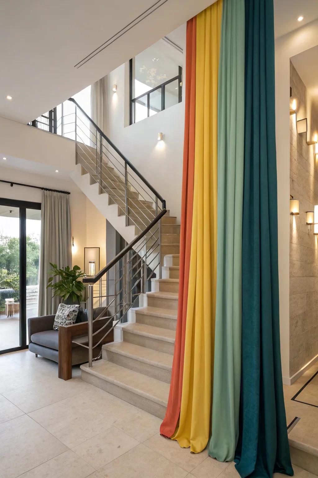 Color-blocking with window coverings creates a bold and striking visual in your stairwell.
