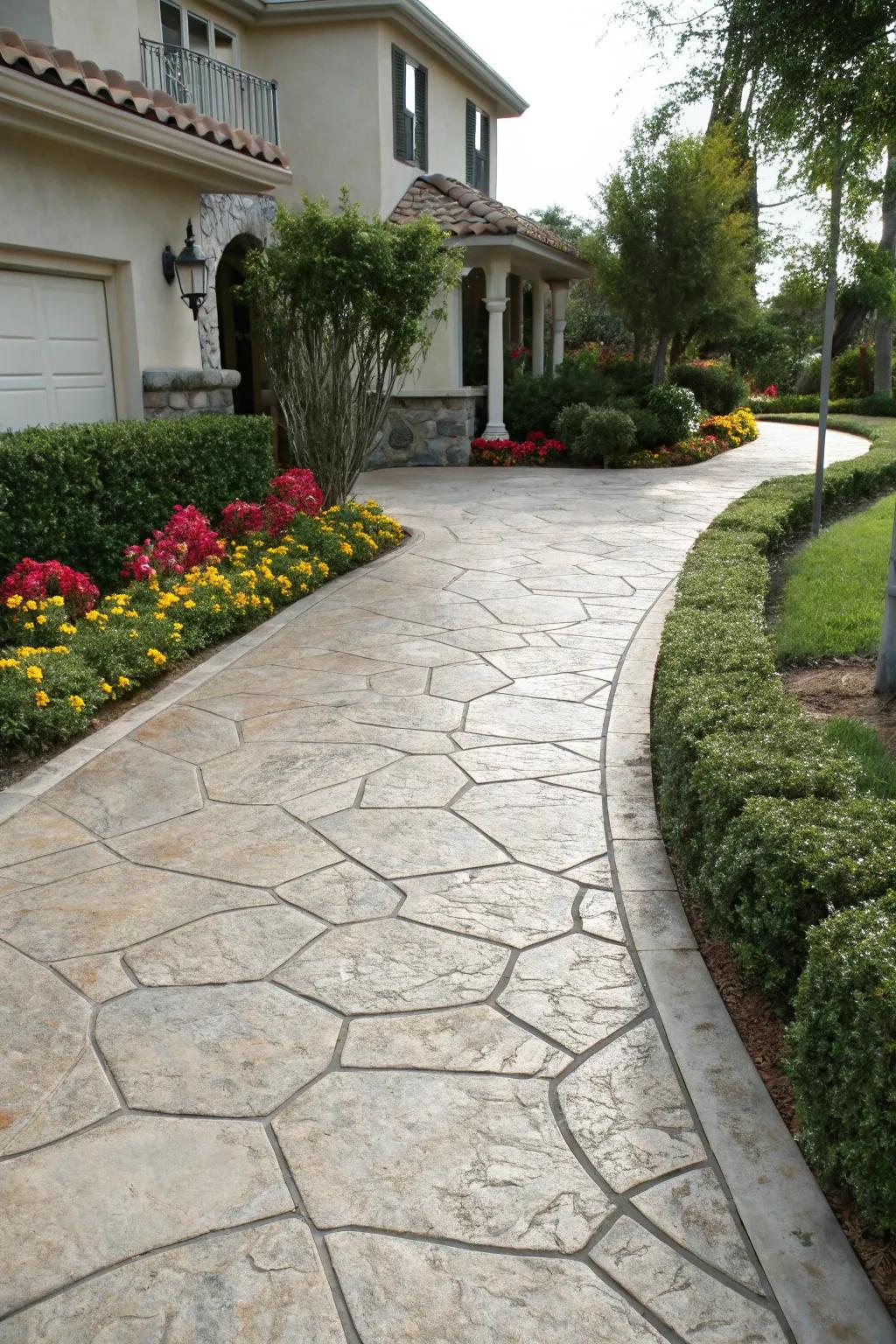 Realistic stone patterns offer a luxurious look in this driveway.