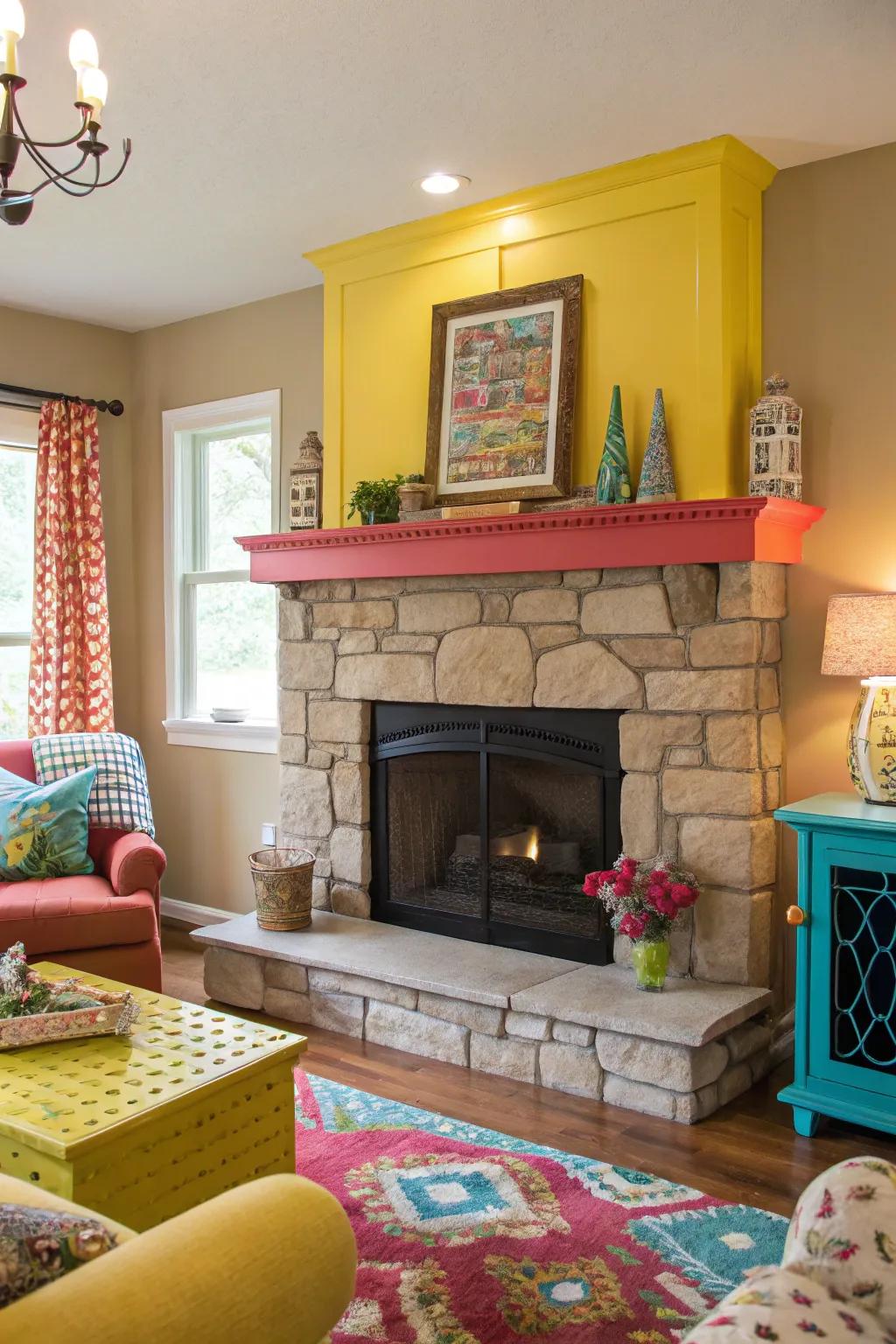 A vibrant area showcases a stone fireplace featuring a brightly painted mantel.