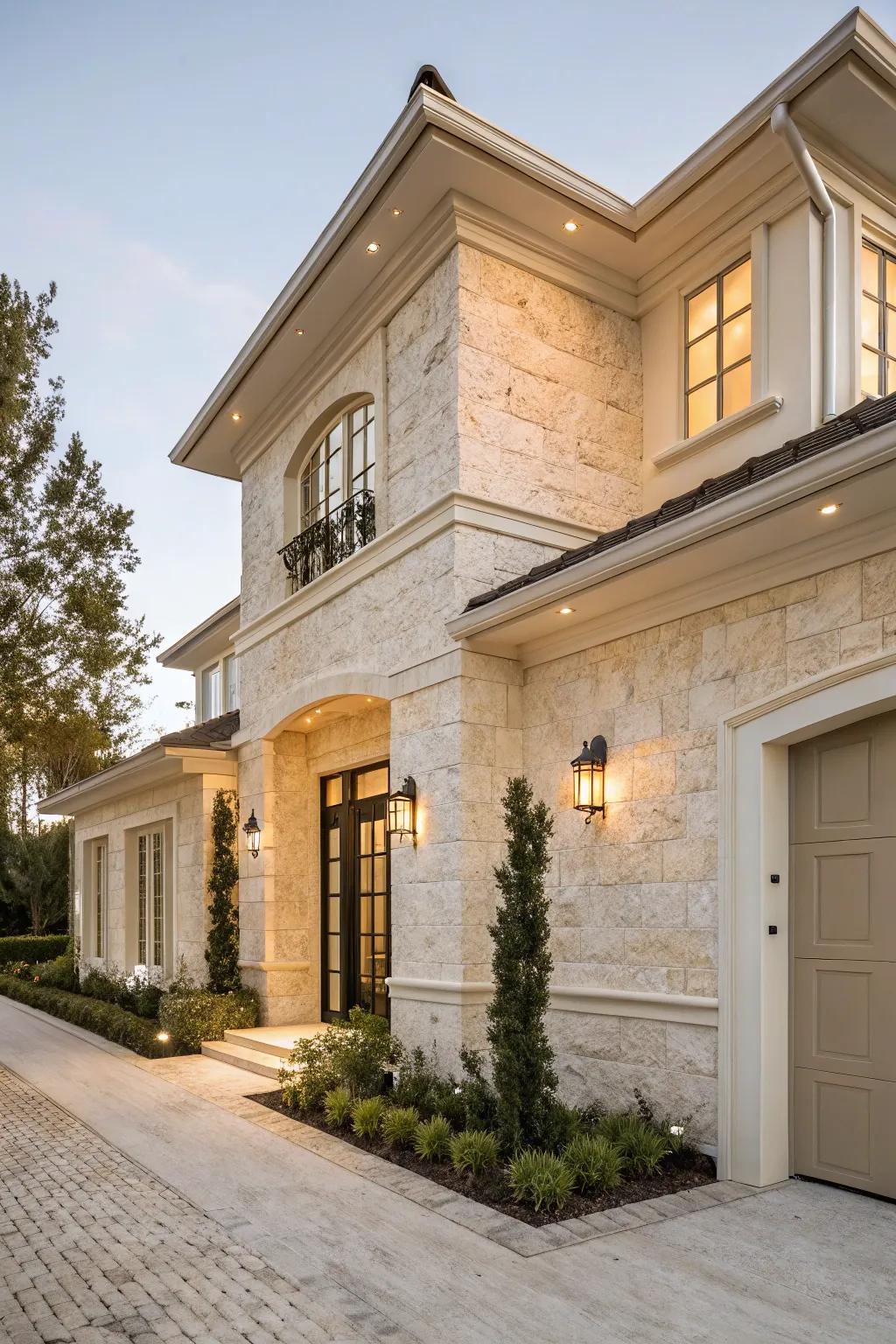 An elegant house with a light travertine stone facade.