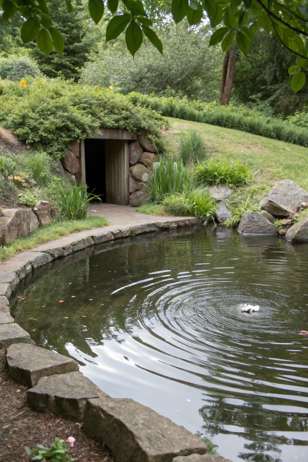 A water feature contributes peace to the storm shelter zone.