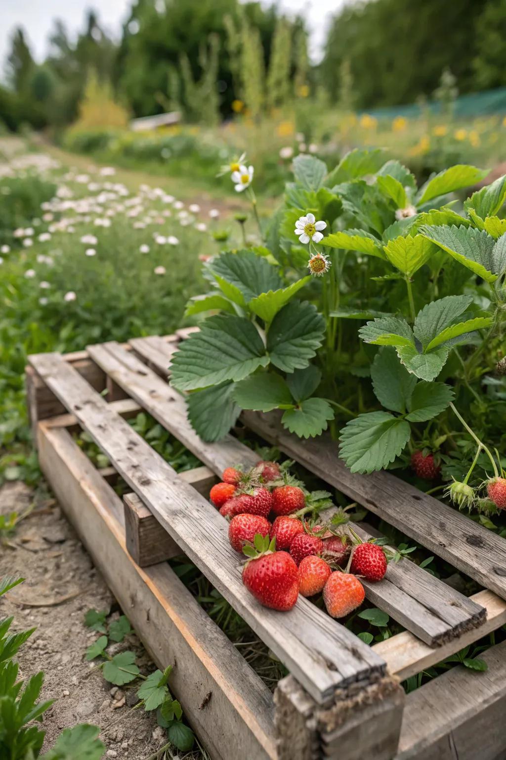A simple pallet planter loaded with strawberries.